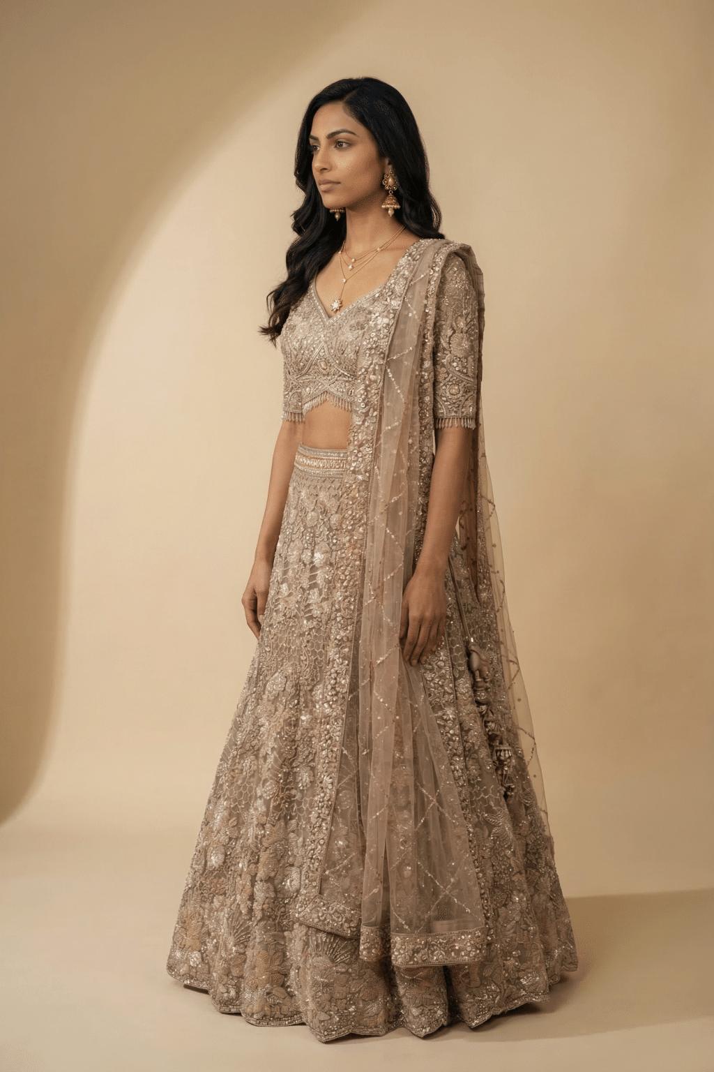 Champagne Gold Embroidered Net Lehenga Set