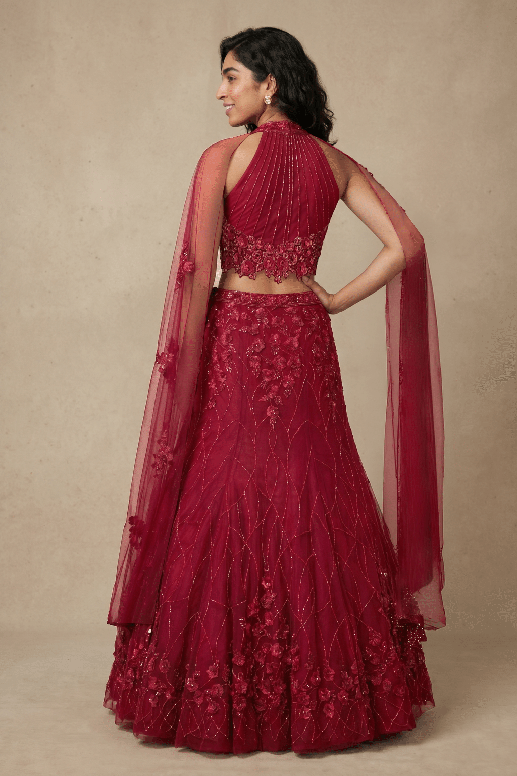 Maroon Net Fish Cut Lehenga with Cape