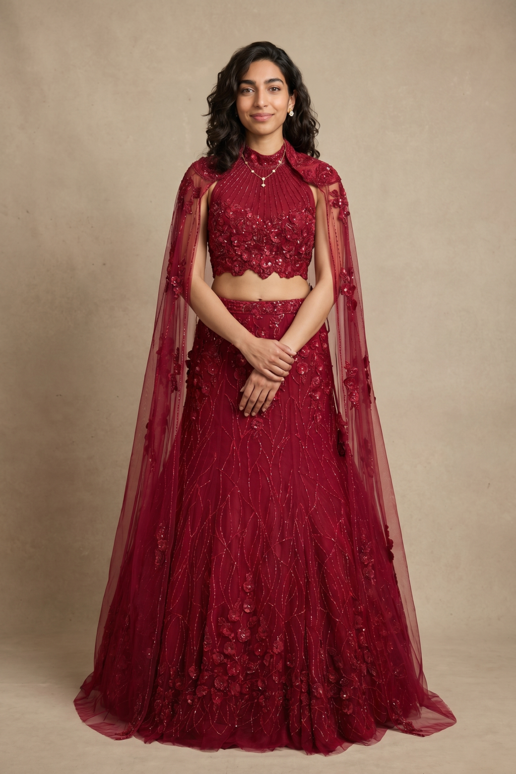 Maroon Net Fish Cut Lehenga with Cape