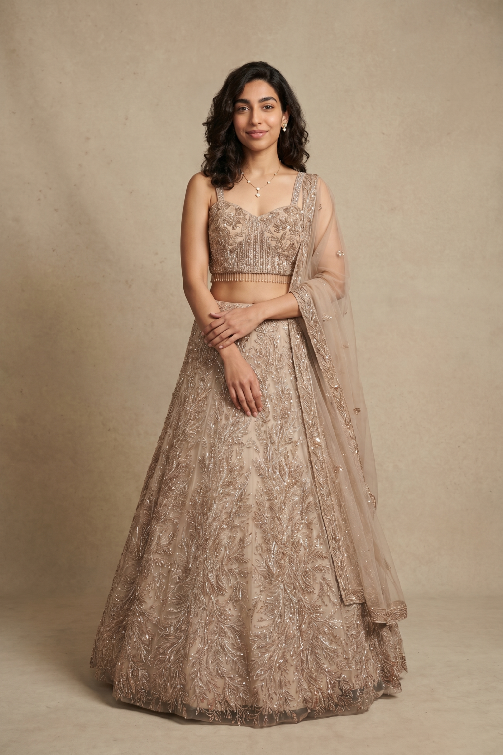 Champagne Net Embroidered Lehenga
