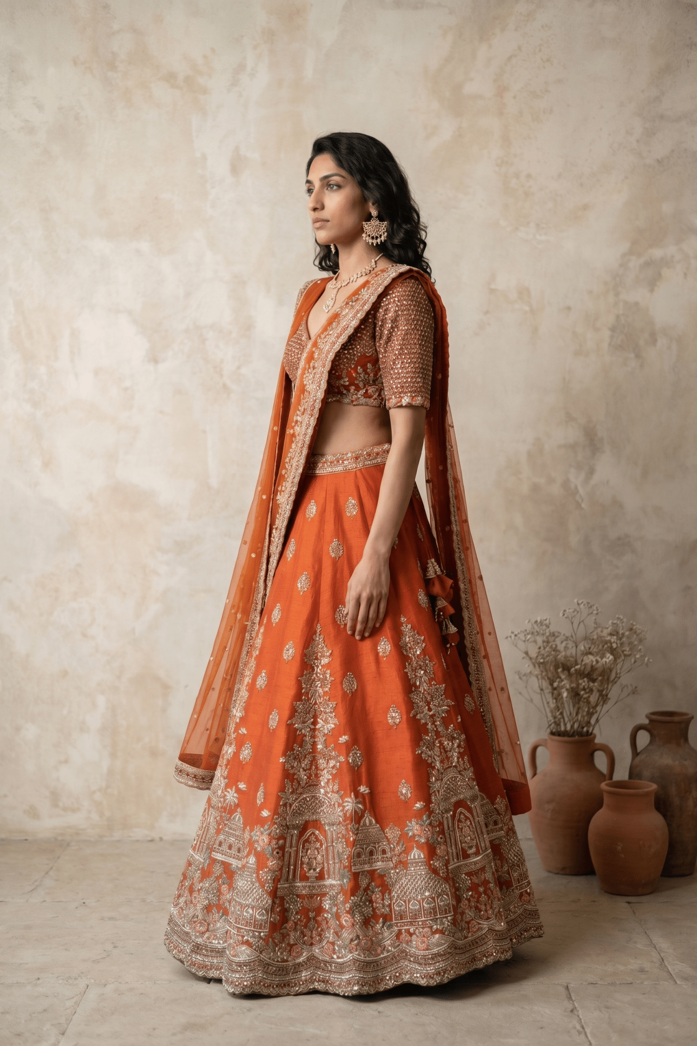 Rust Orange Raw Silk Lehenga