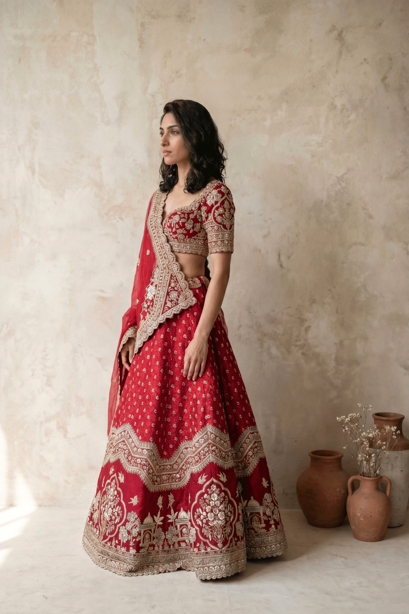 Red Silk Lehenga Set with Thread and Pearl Embroidery