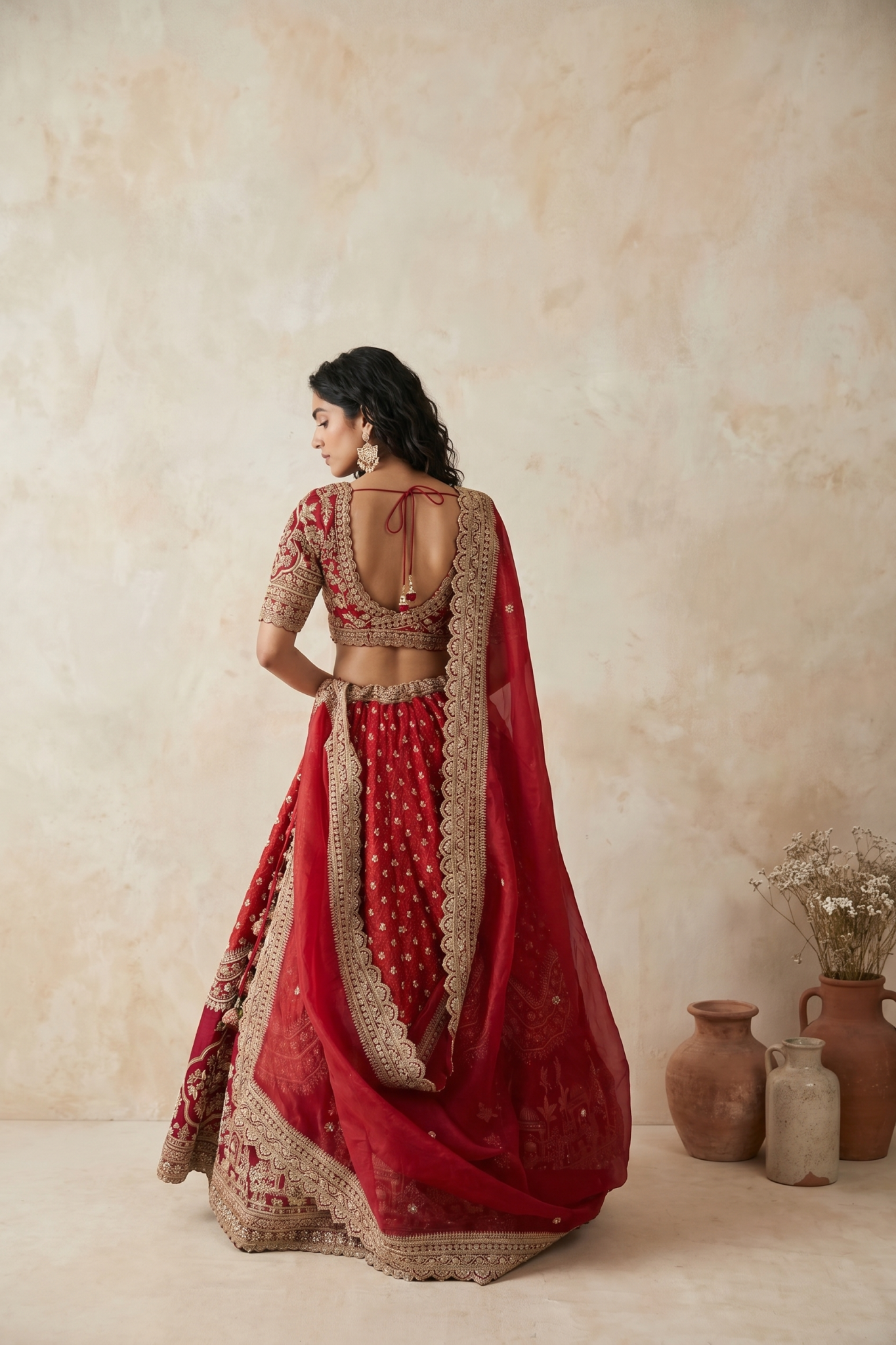 Red Silk Lehenga Set with Thread and Pearl Embroidery