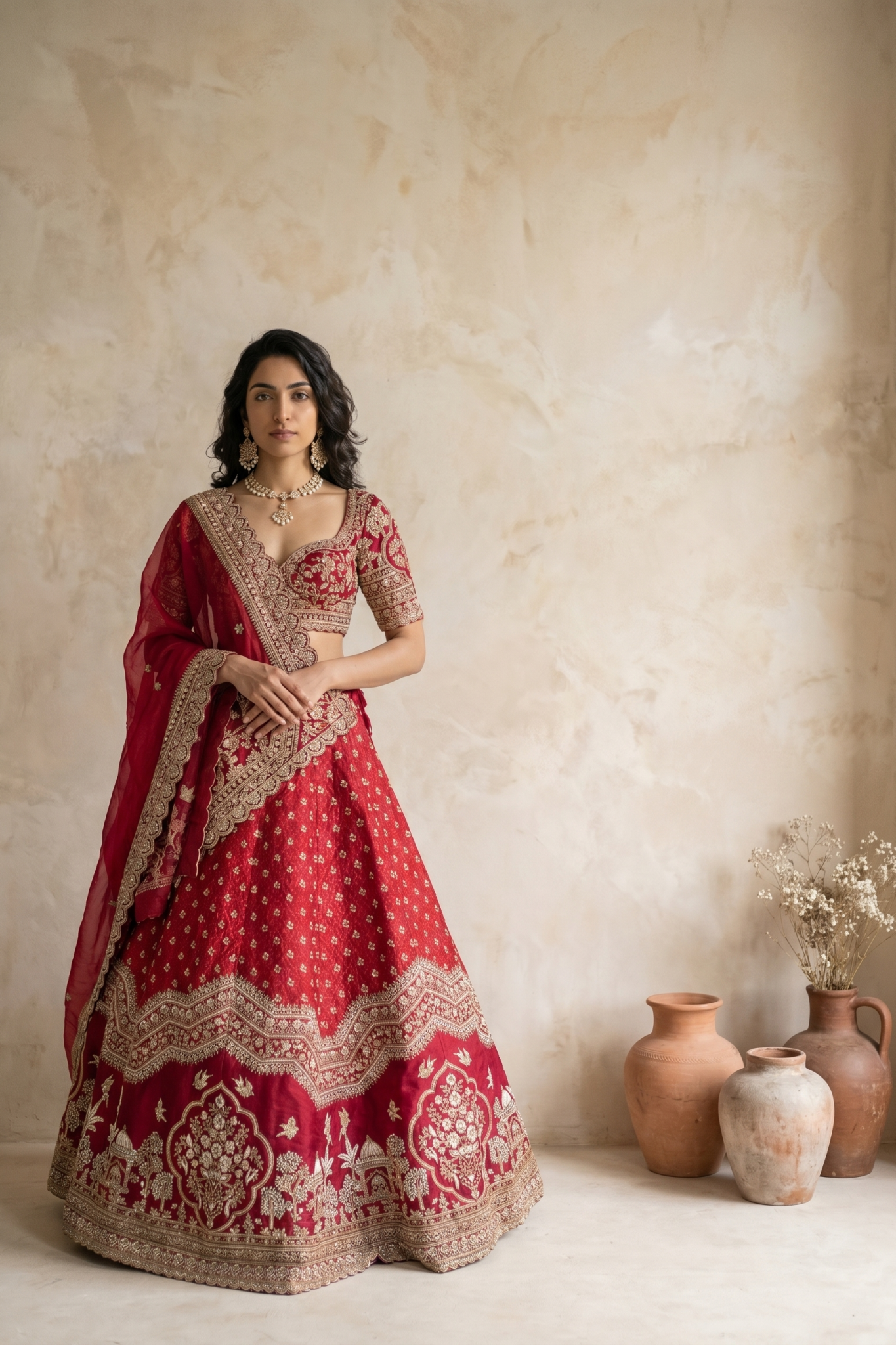 Red Silk Lehenga Set with Thread and Pearl Embroidery