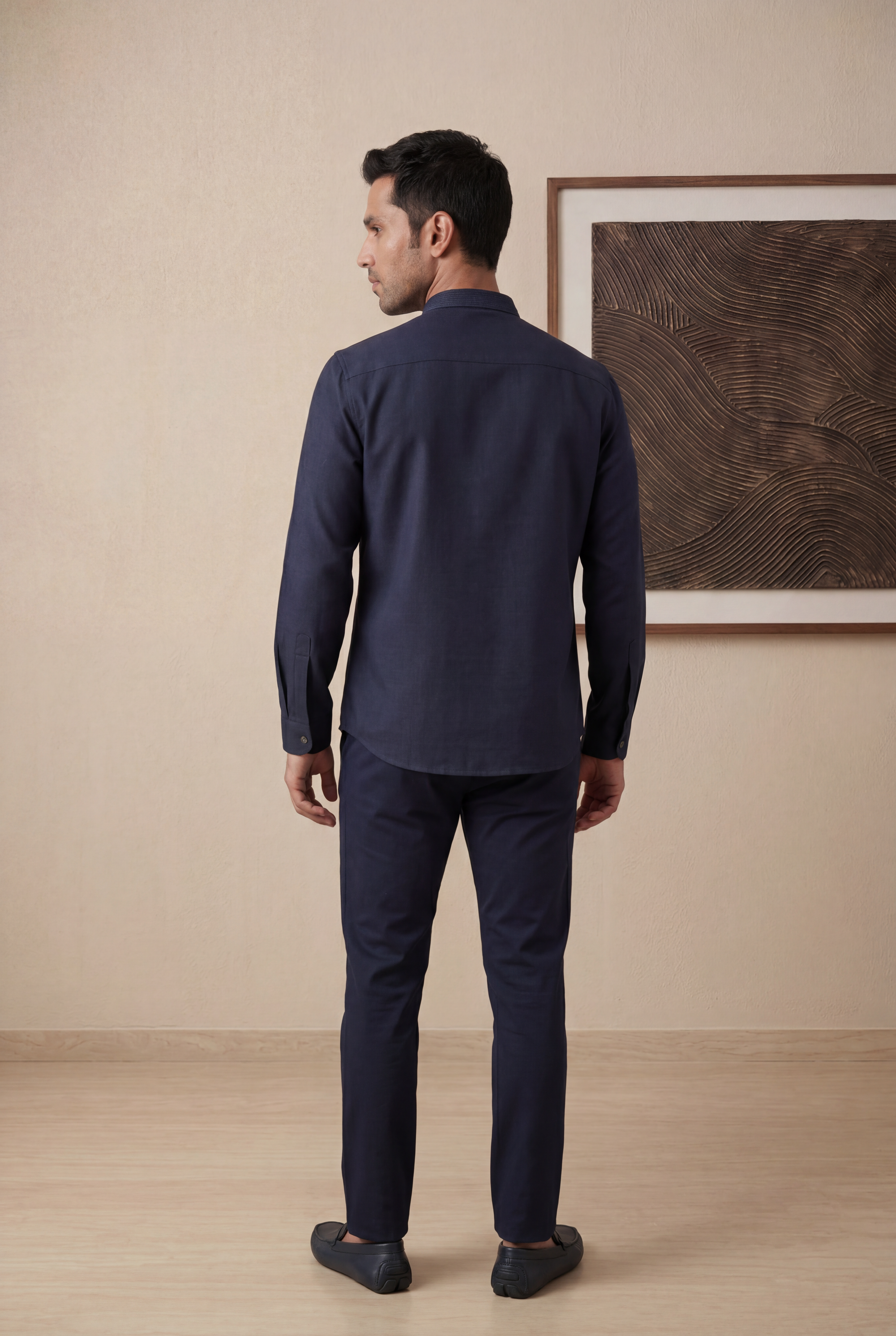 Navy Blue Cotton Mandarin Collar Shirt