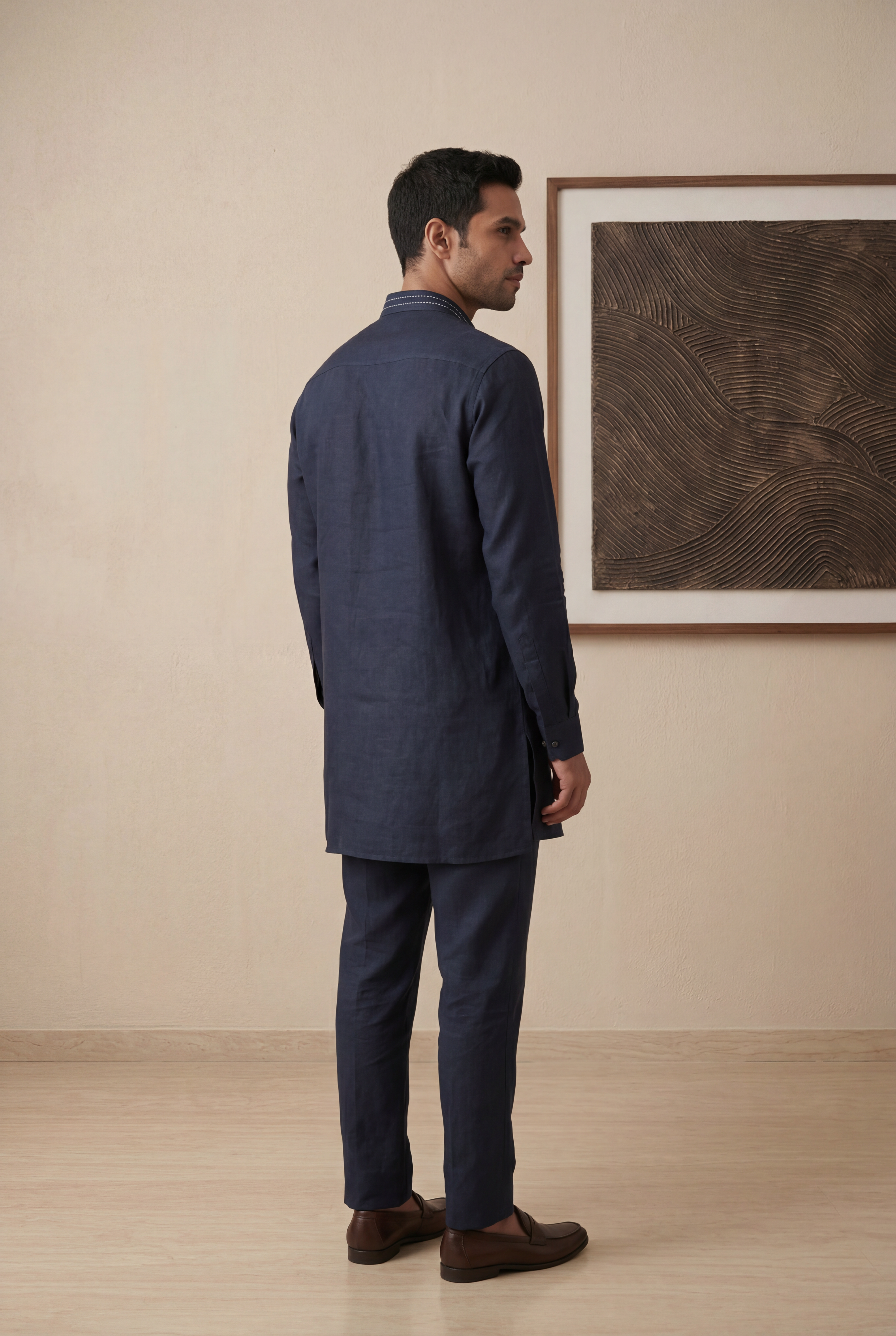 Navy Blue Linen Chinese Collar Short Kurta