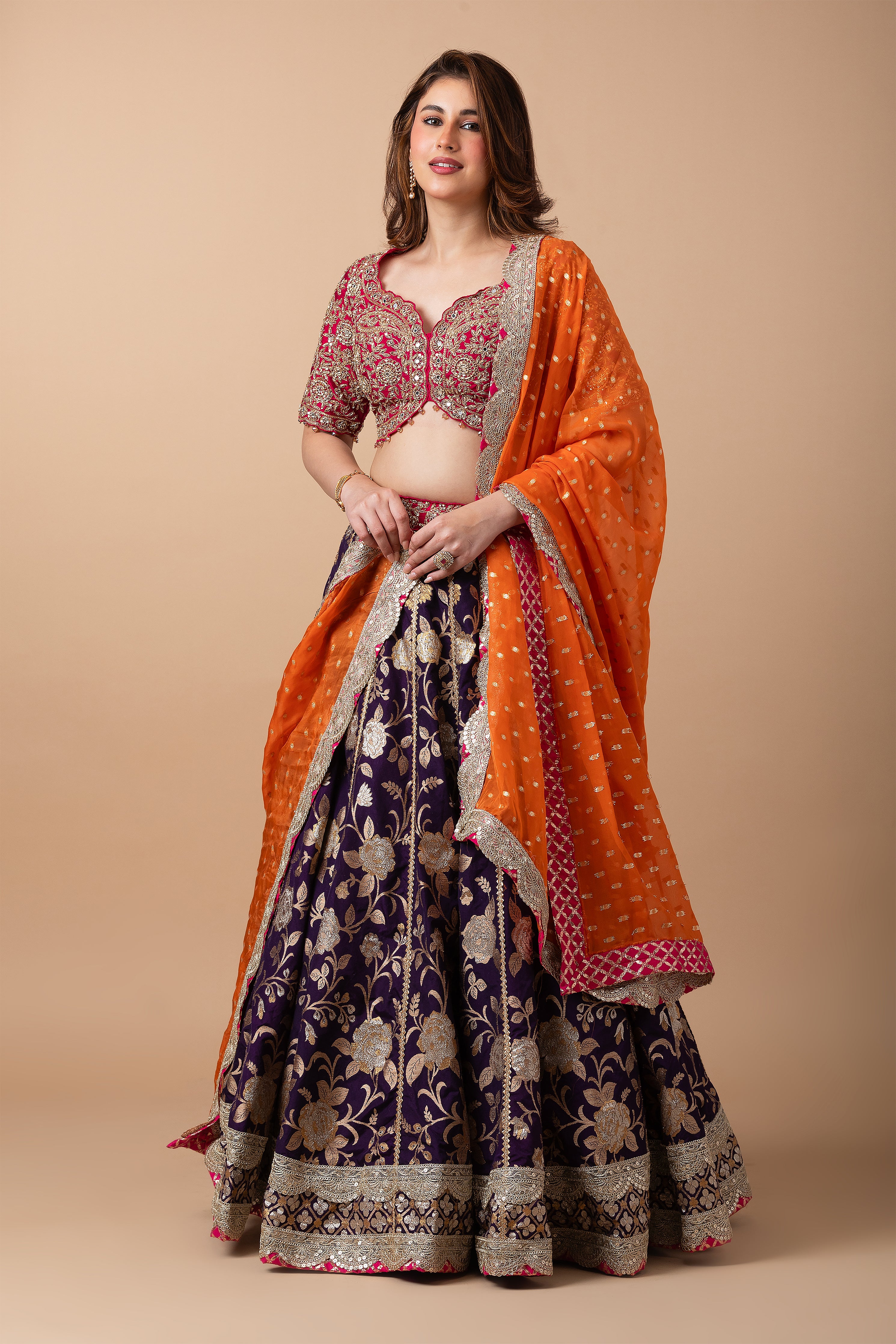 Royal Purple and Orange Embroidered Lehenga Set