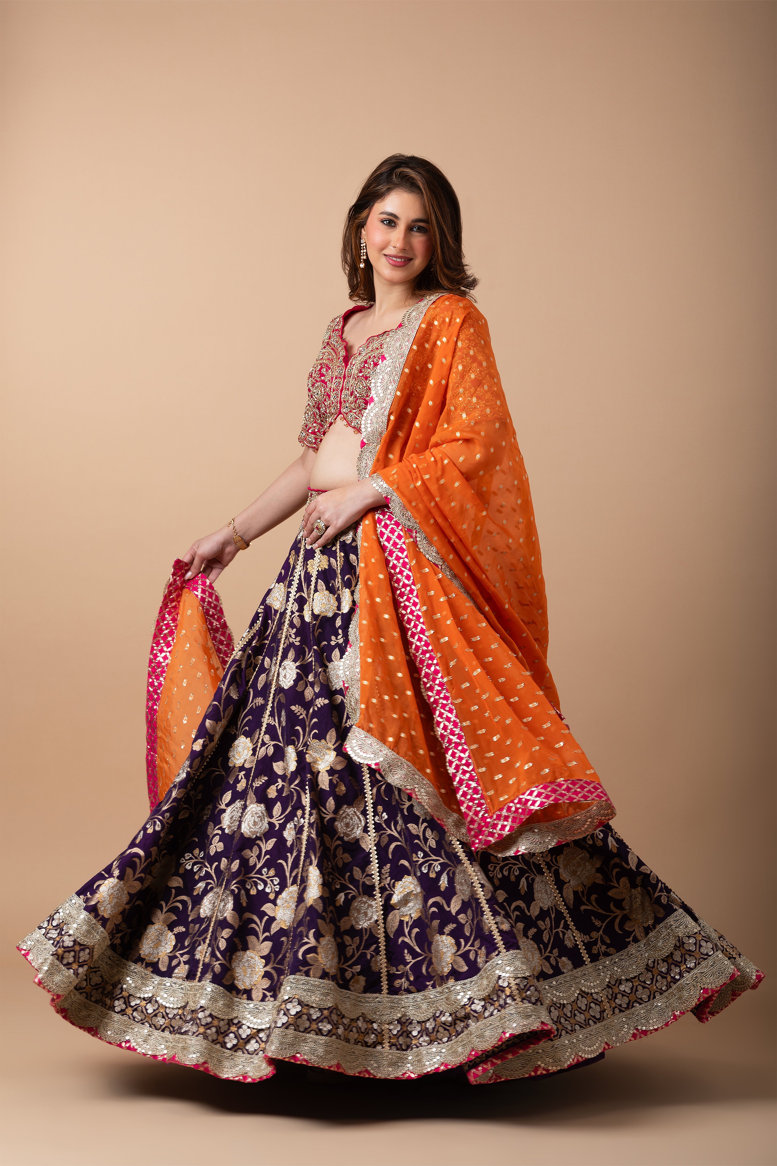 Royal Purple and Orange Embroidered Lehenga Set - Mokshaa