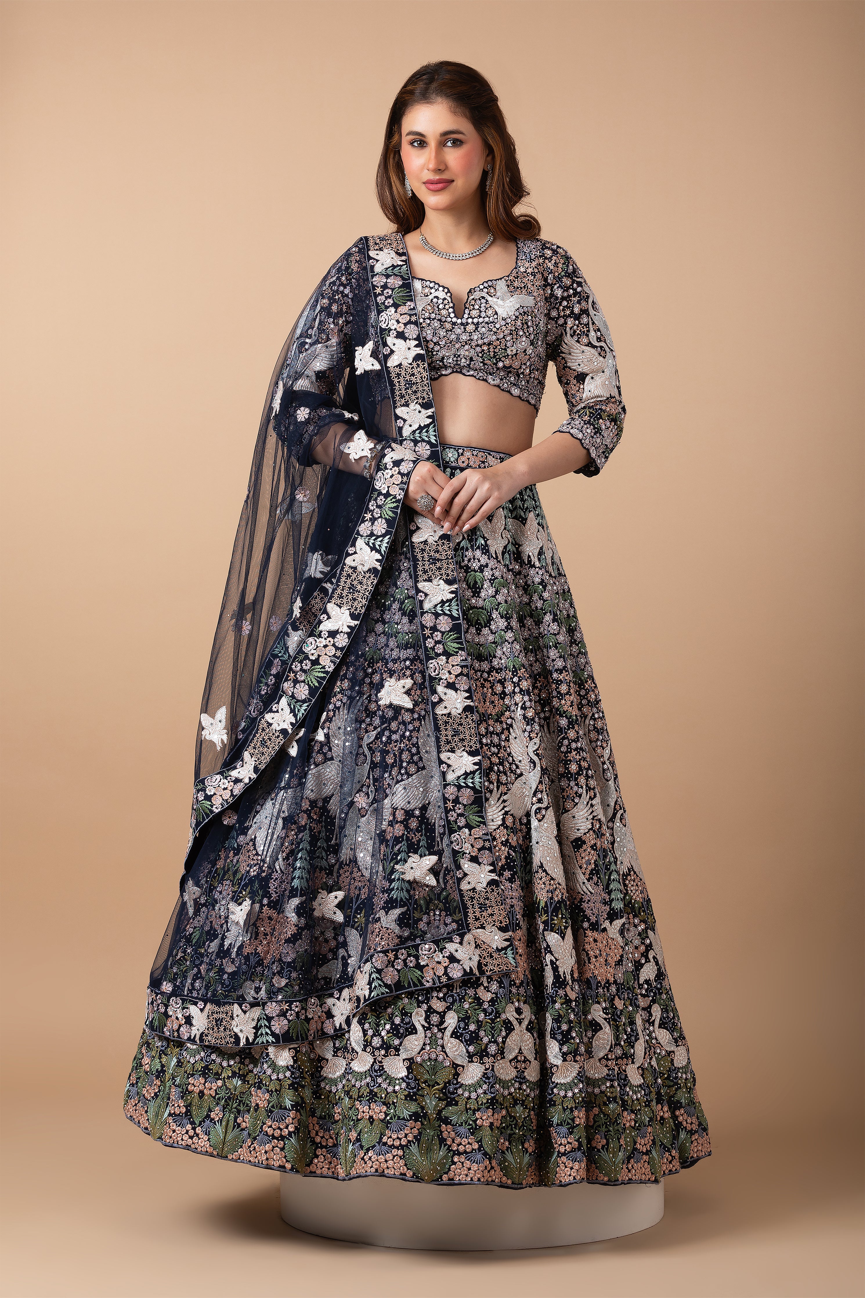 Navy Blue Embroidered Lehenga Set - Mokshaa