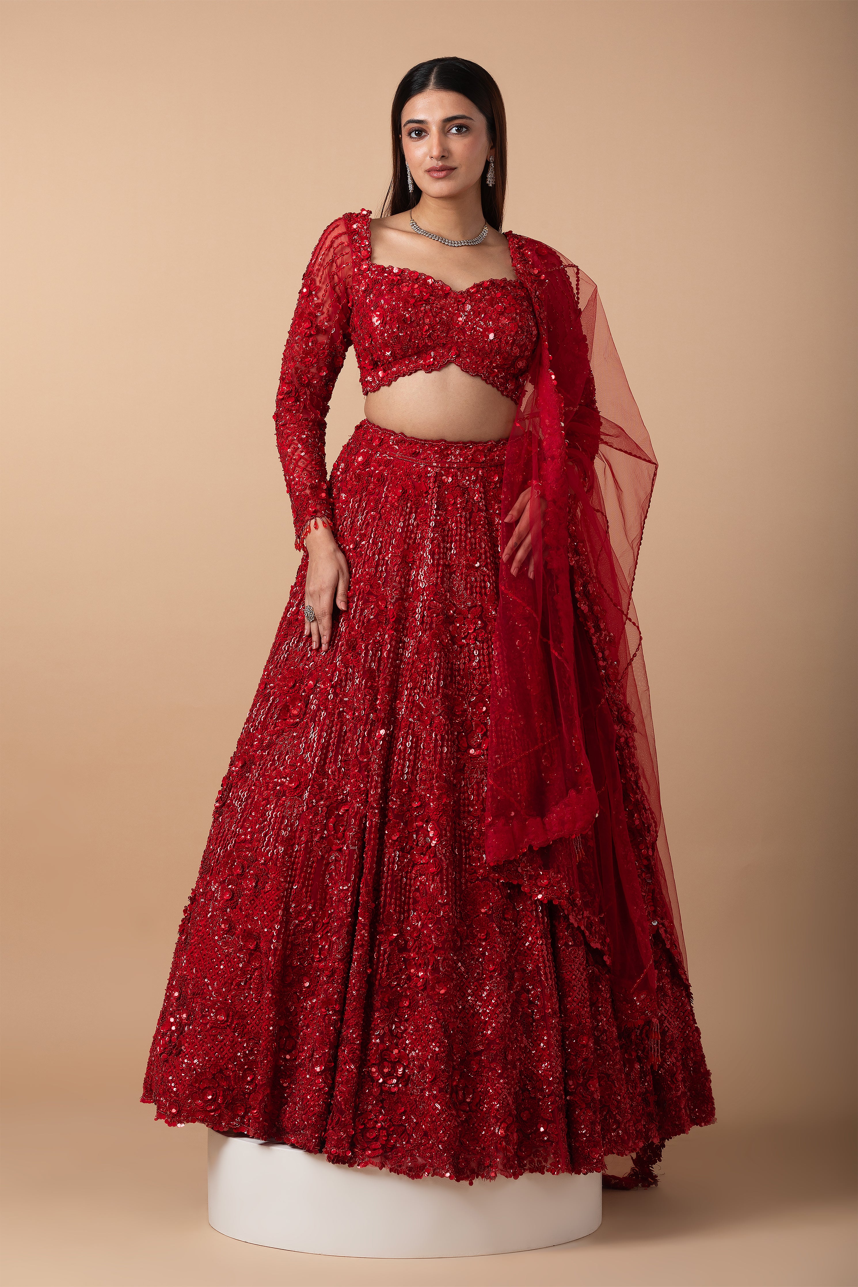 Scarlet Red Sequin Embroidered Lehenga Set - Mokshaa