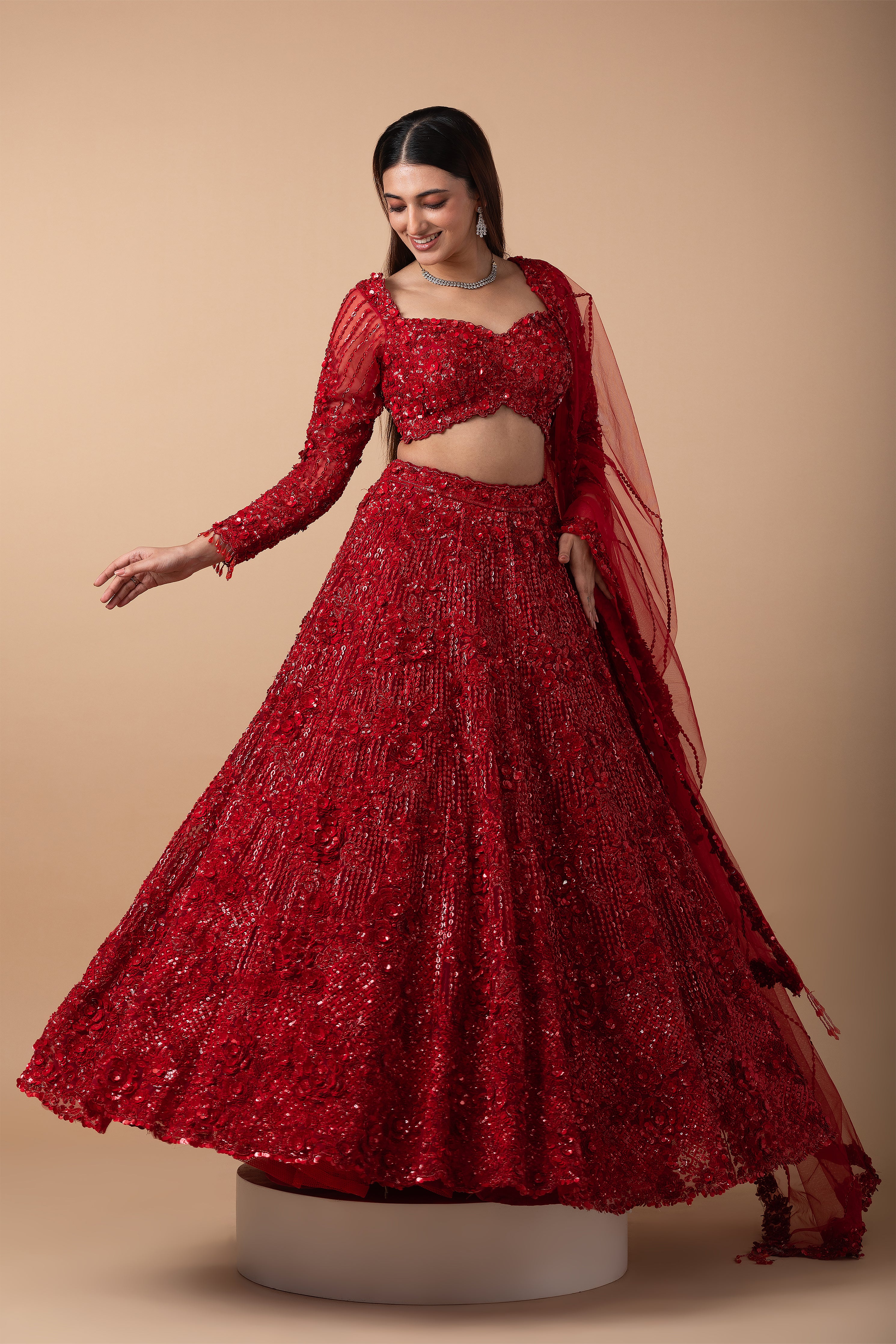 Scarlet Red Sequin Embroidered Lehenga Set - Mokshaa