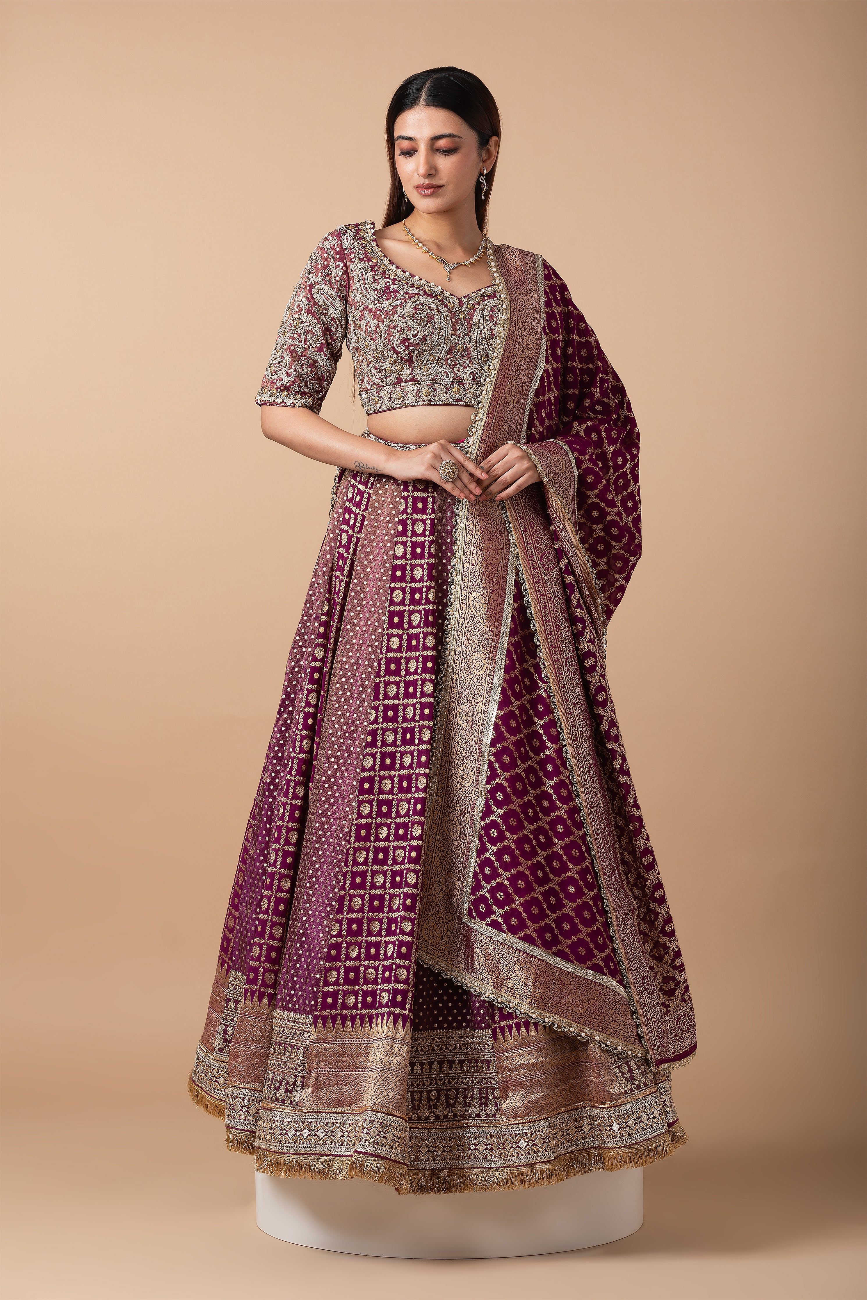 Deep Wine Banarasi silk Lehenga Set