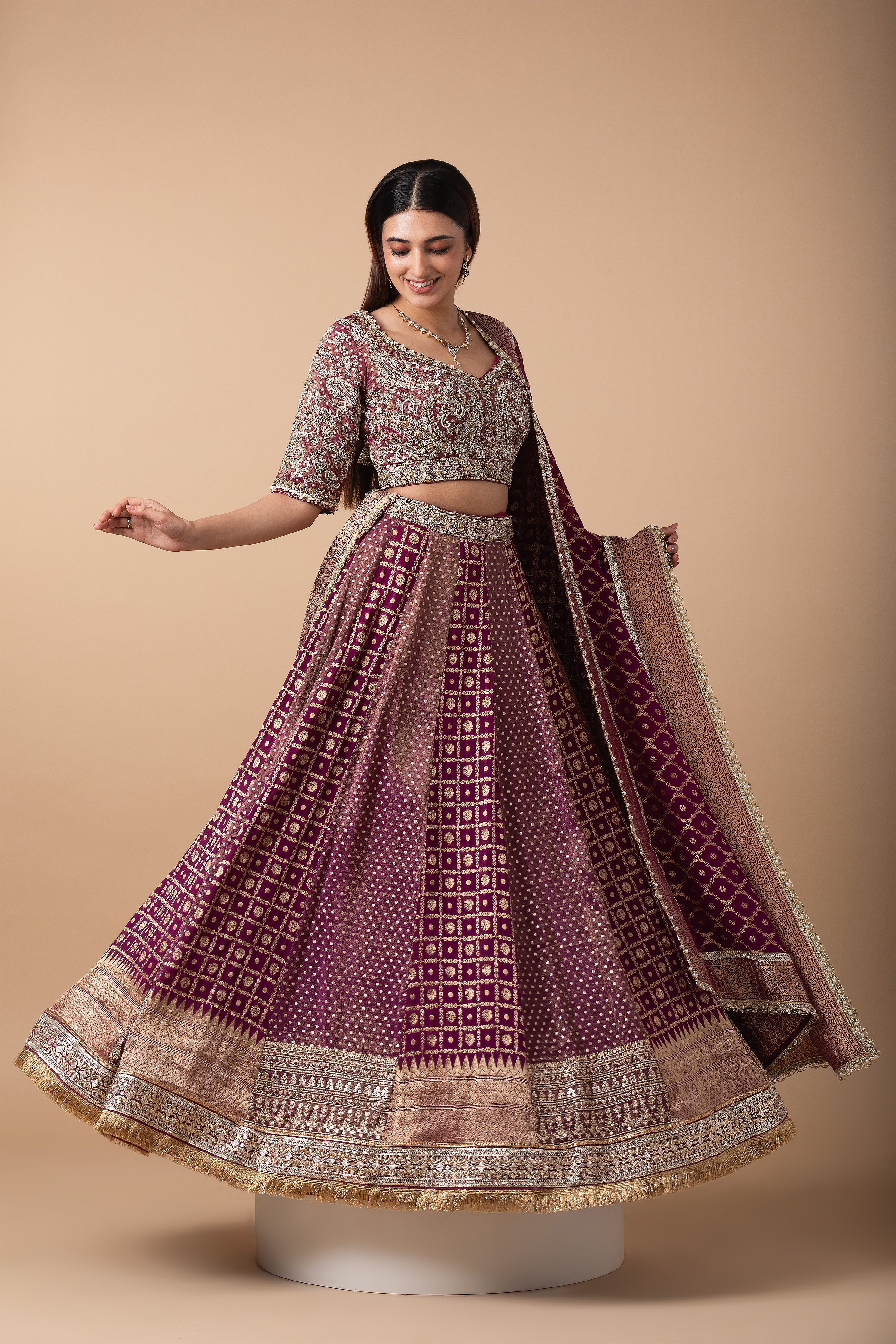 Deep Wine Banarasi silk Lehenga Set - Mokshaa