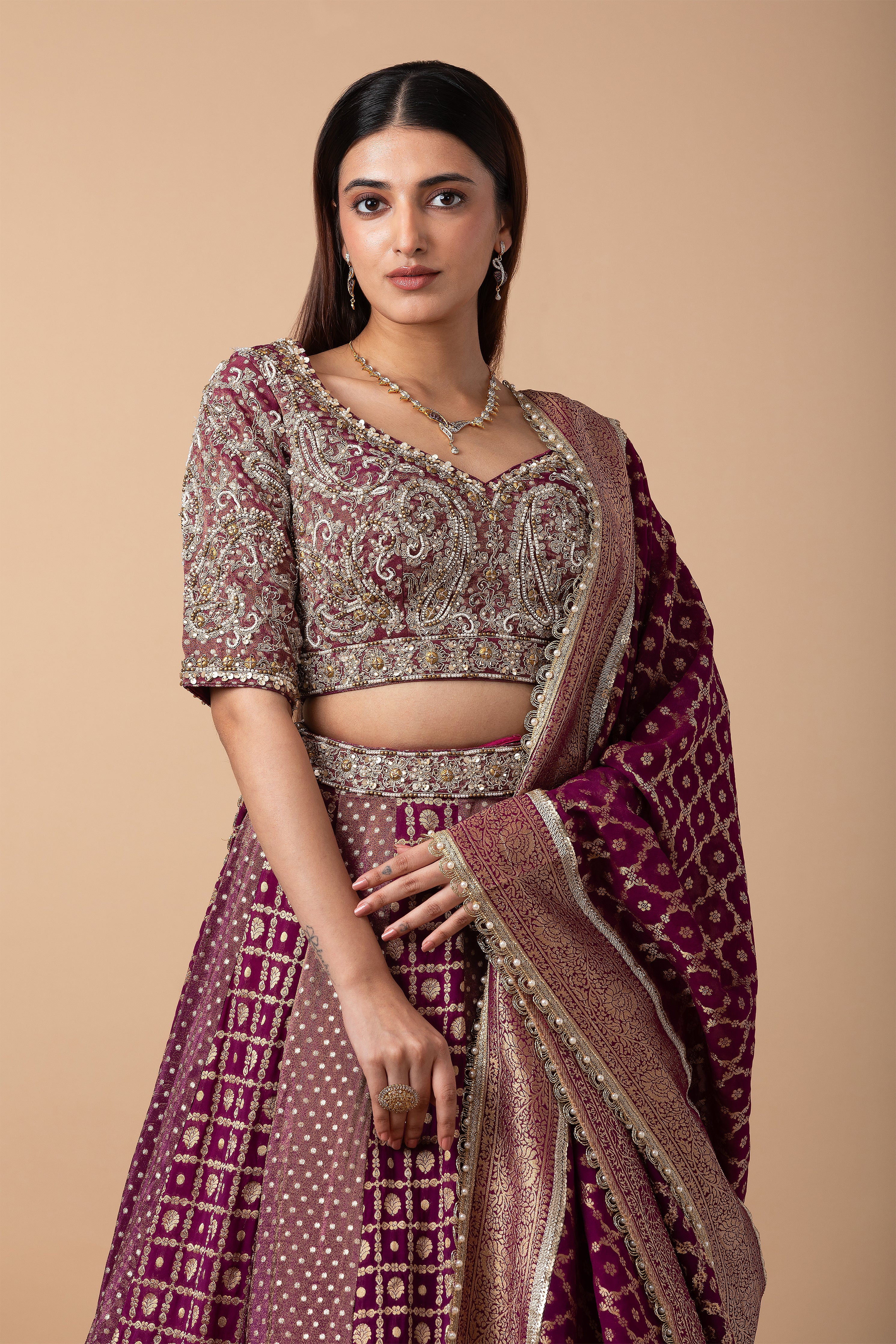 Deep Wine Banarasi silk Lehenga Set