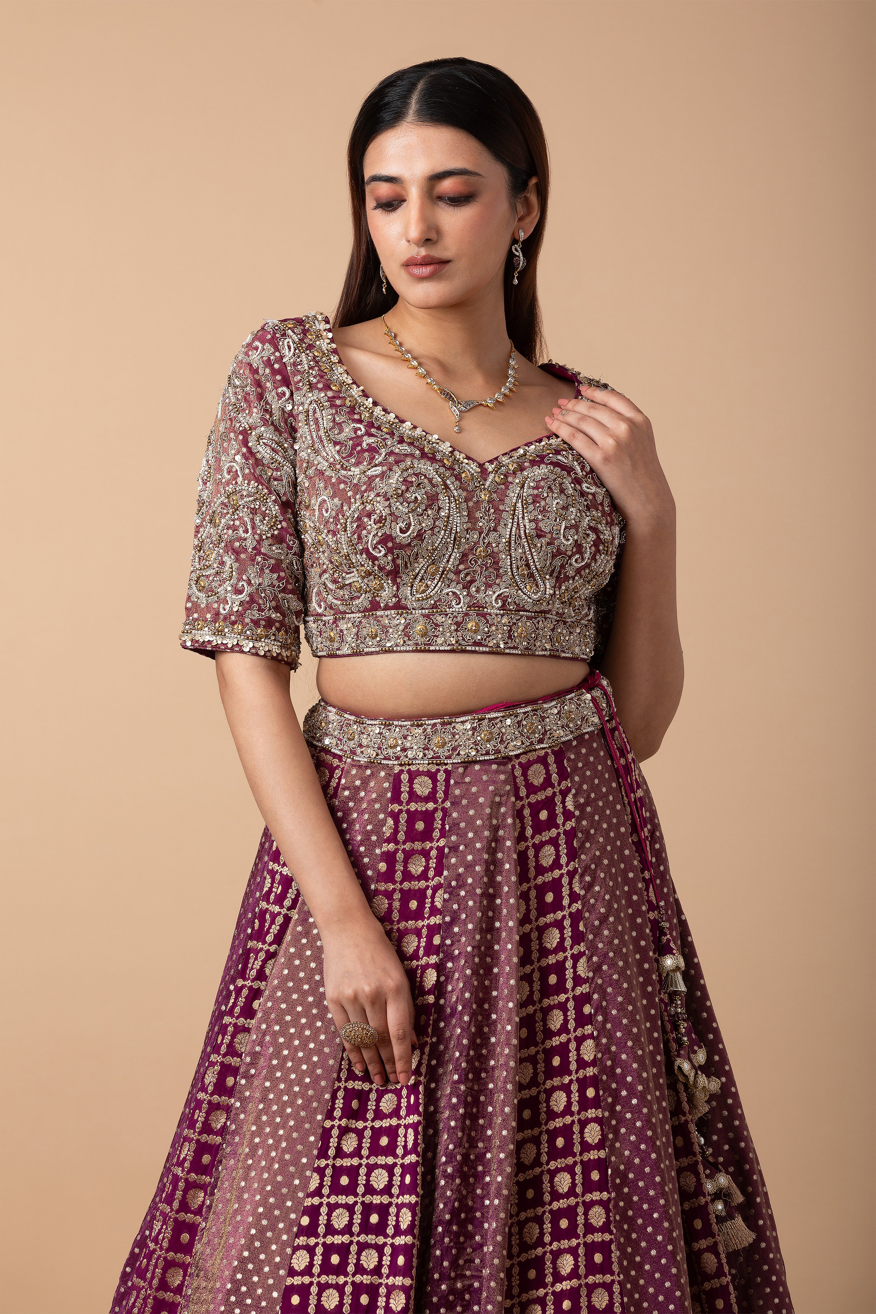 Deep Wine Banarasi silk Lehenga Set