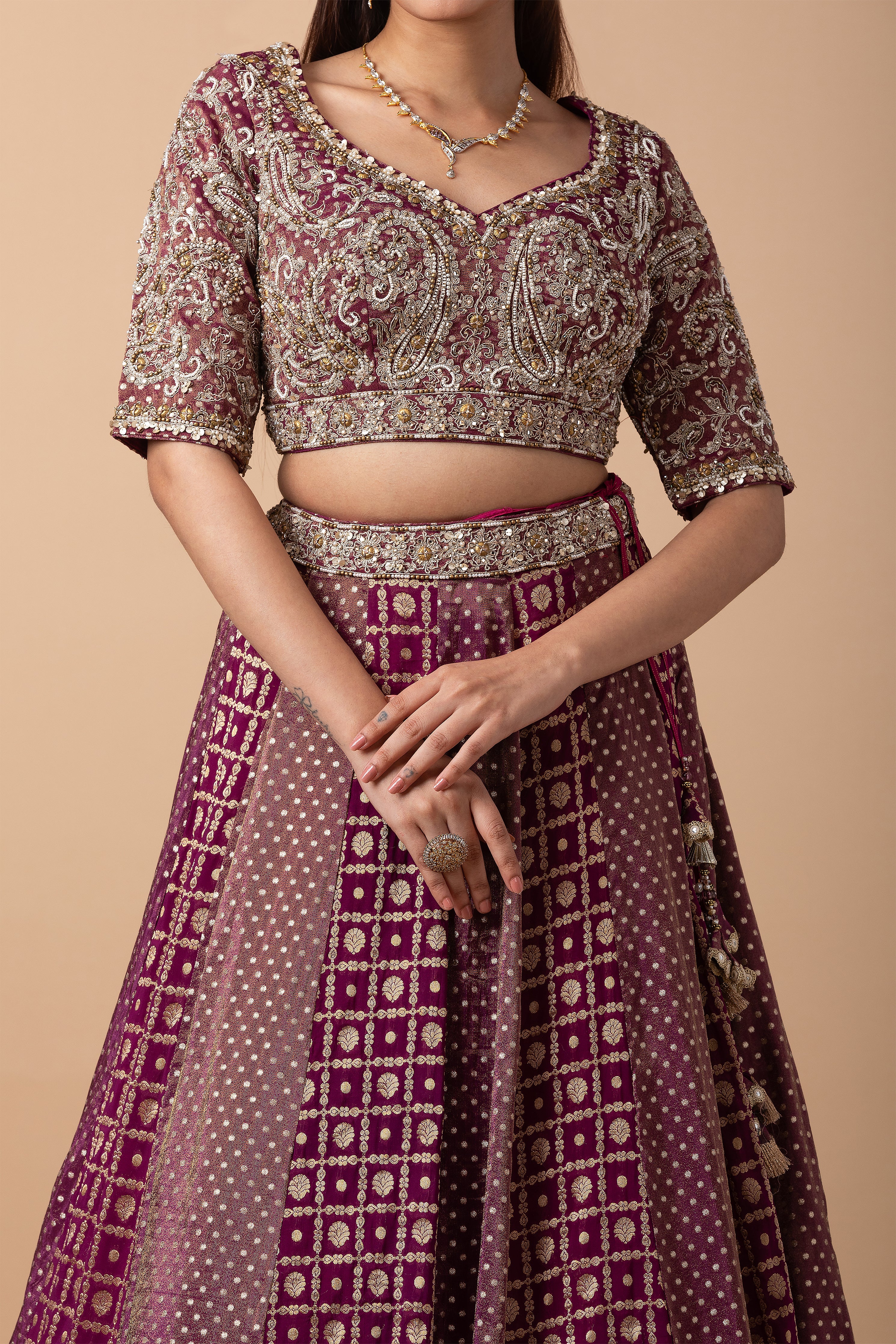 Deep Wine Banarasi silk Lehenga Set