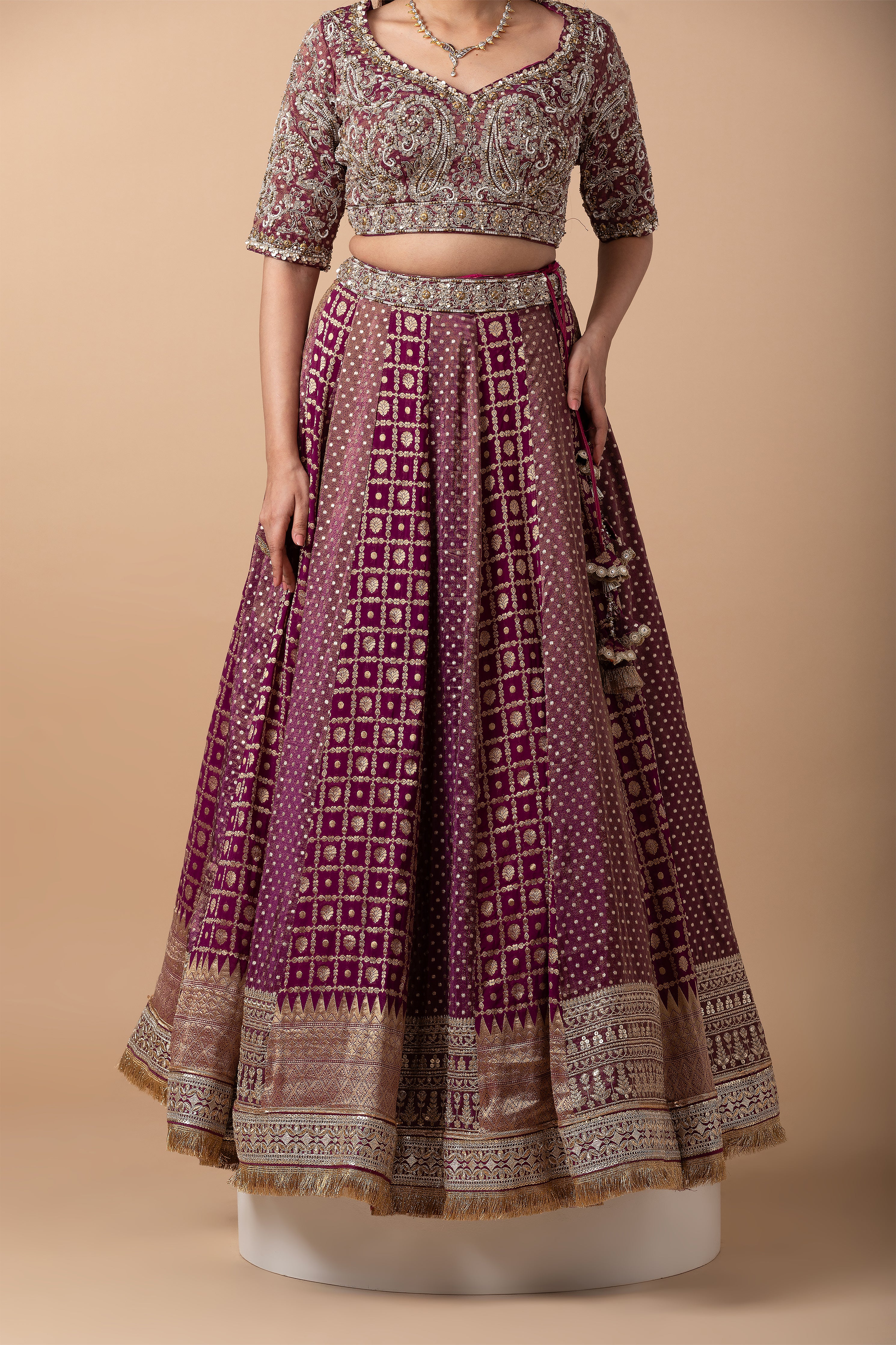 Deep Wine Banarasi silk Lehenga Set