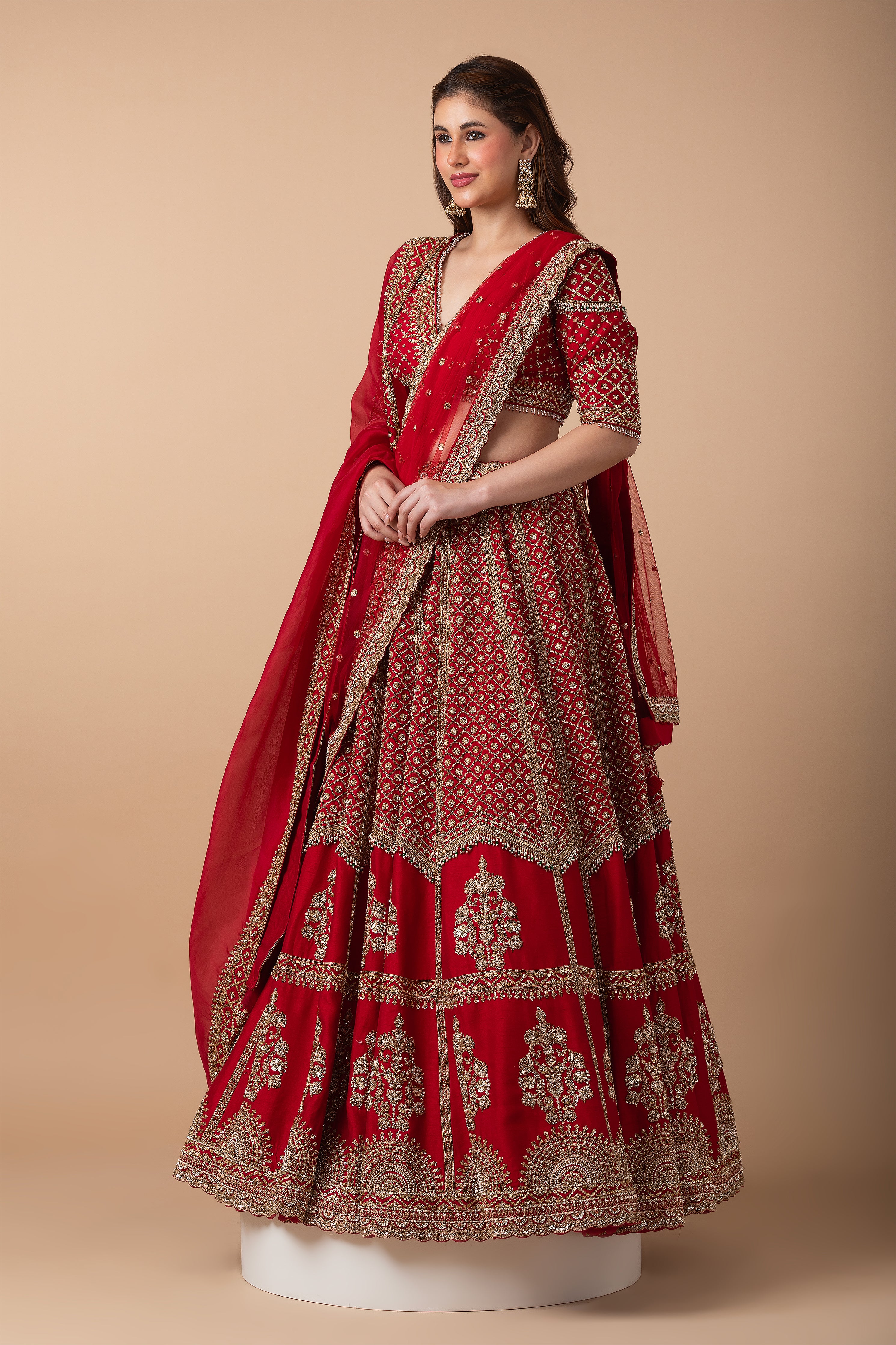 Scarlet Red Embroidered Lehenga Set - Mokshaa