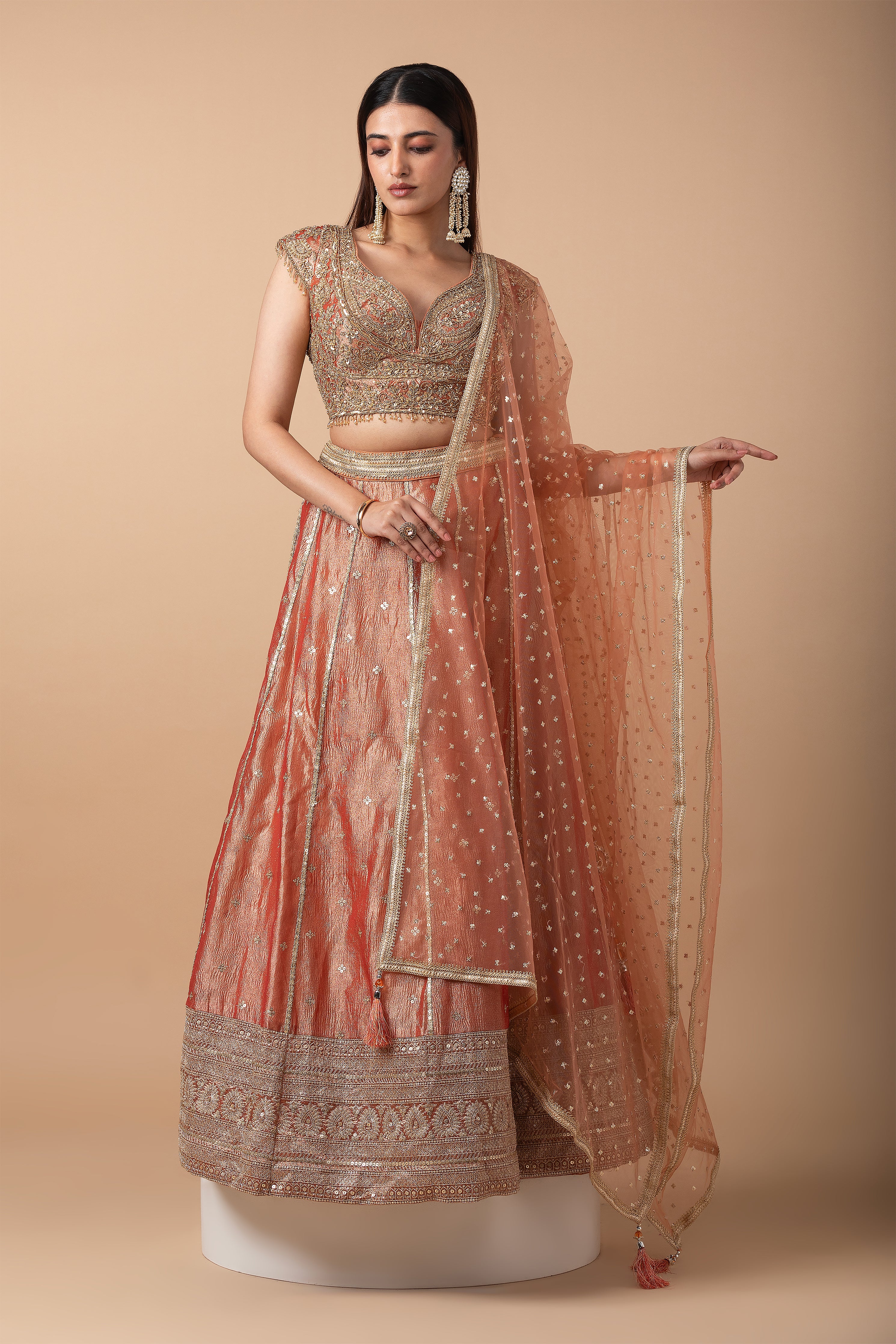 Peach Gold Embroidered Lehenga Set