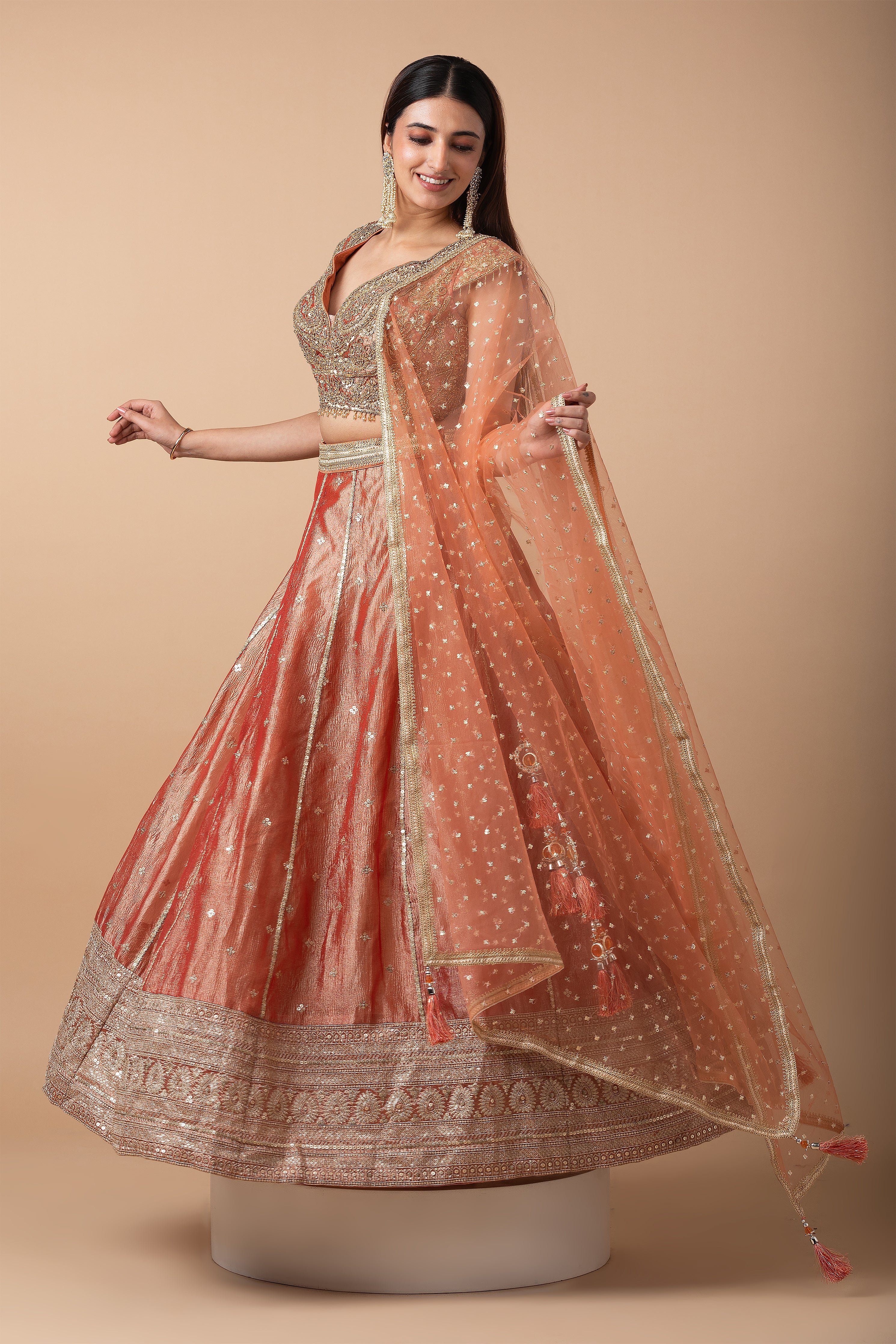 Peach Gold Embroidered Lehenga Set