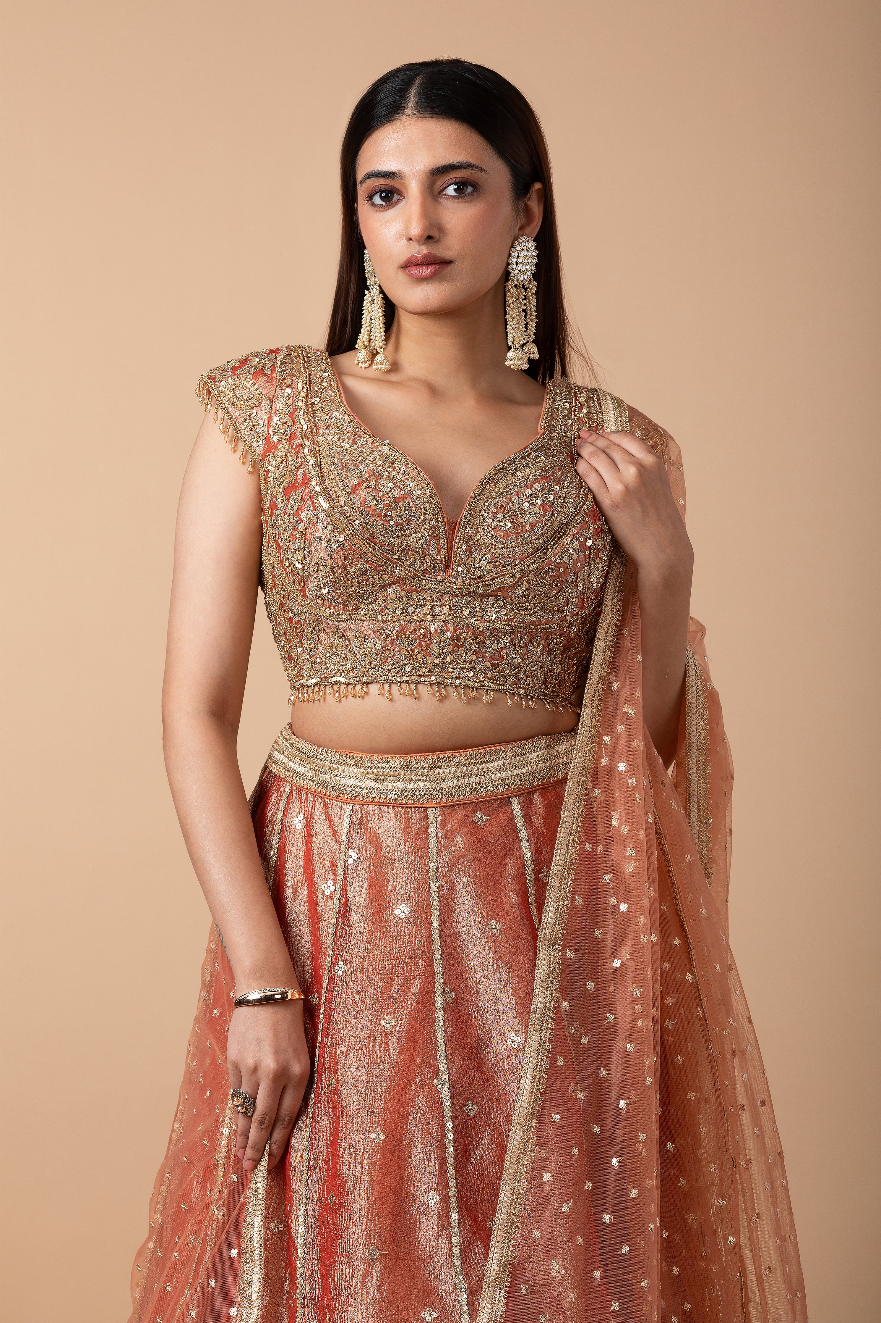 Peach Gold Embroidered Lehenga Set