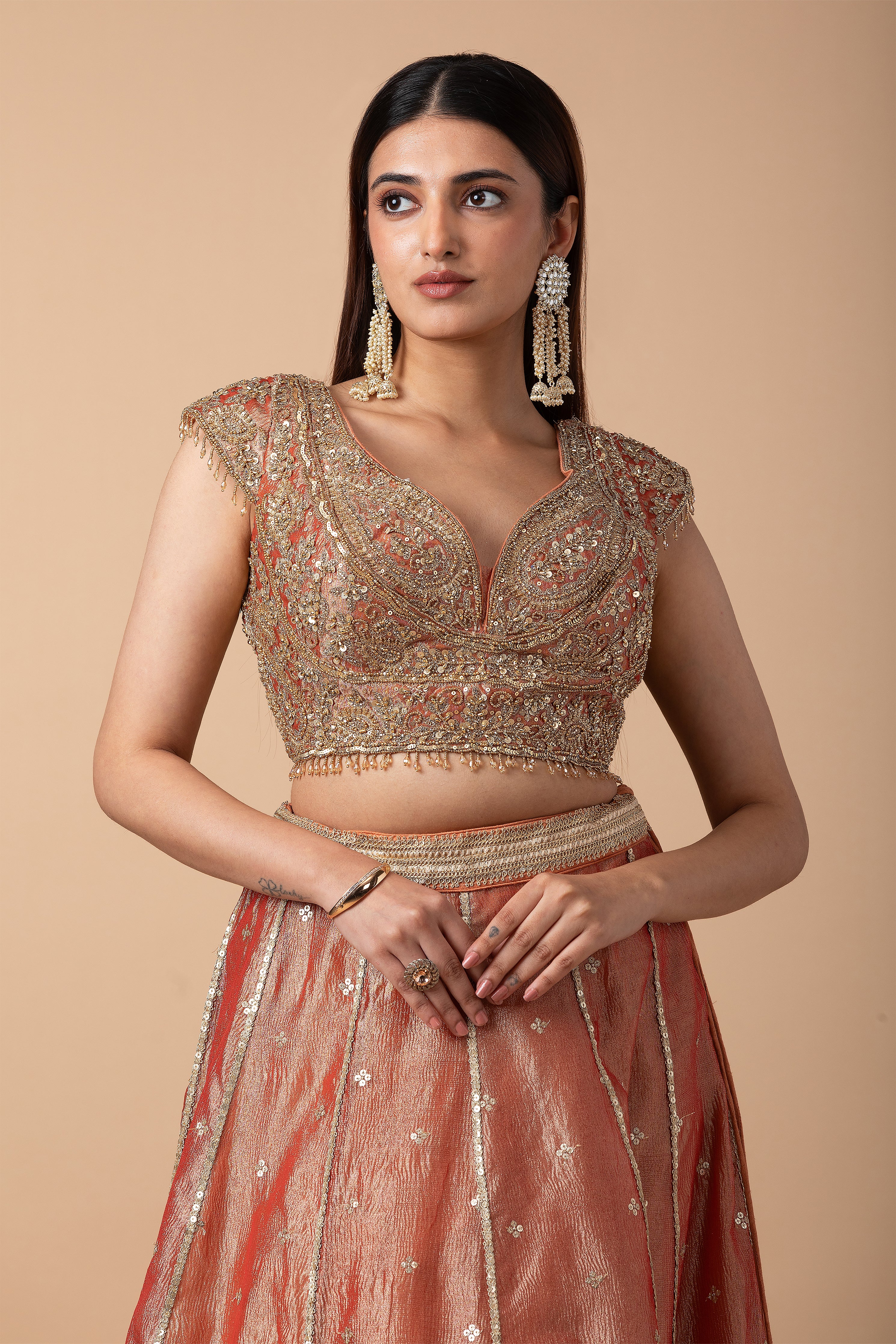 Peach Gold Embroidered Lehenga Set