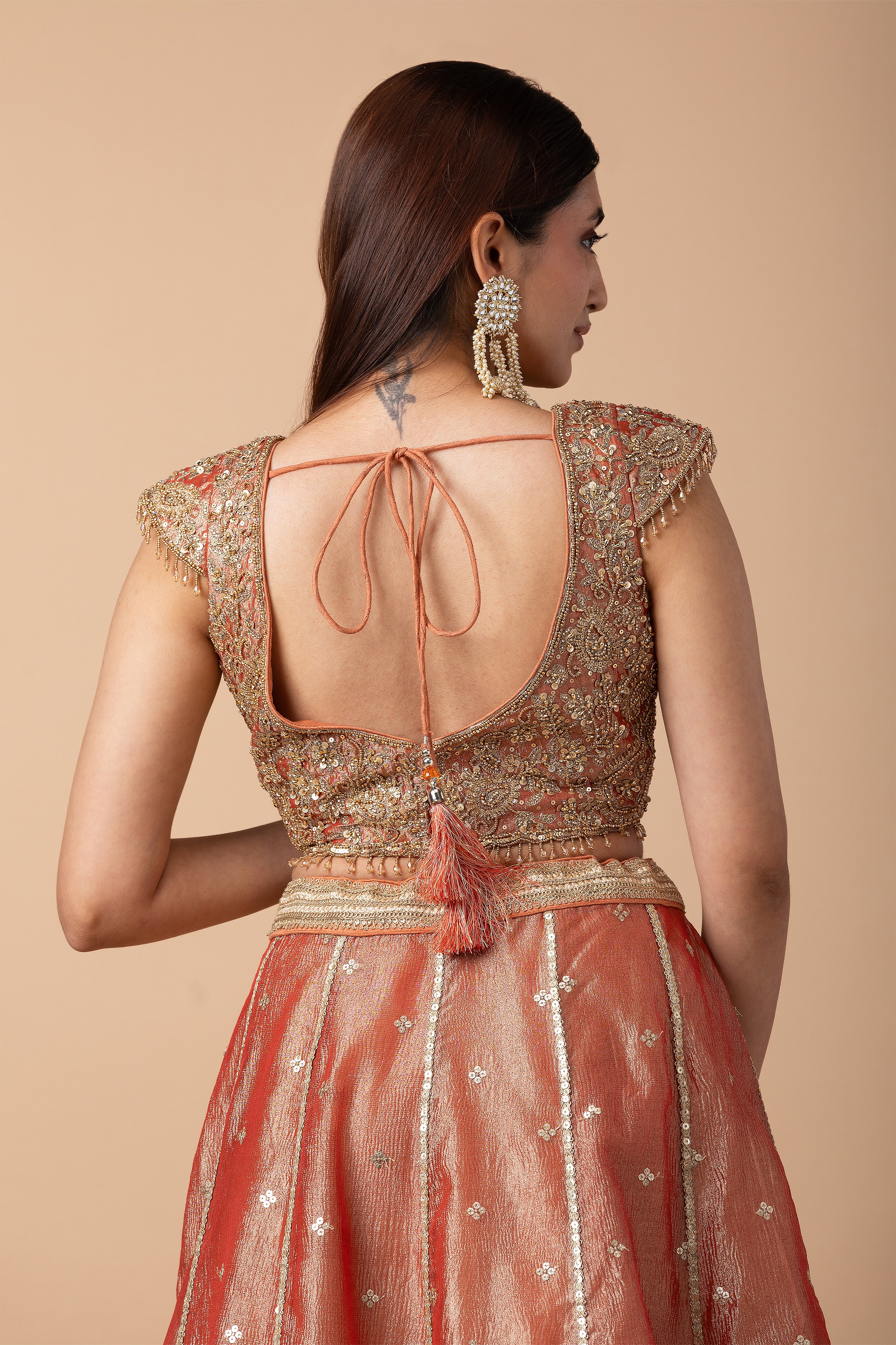 Peach Gold Embroidered Lehenga Set