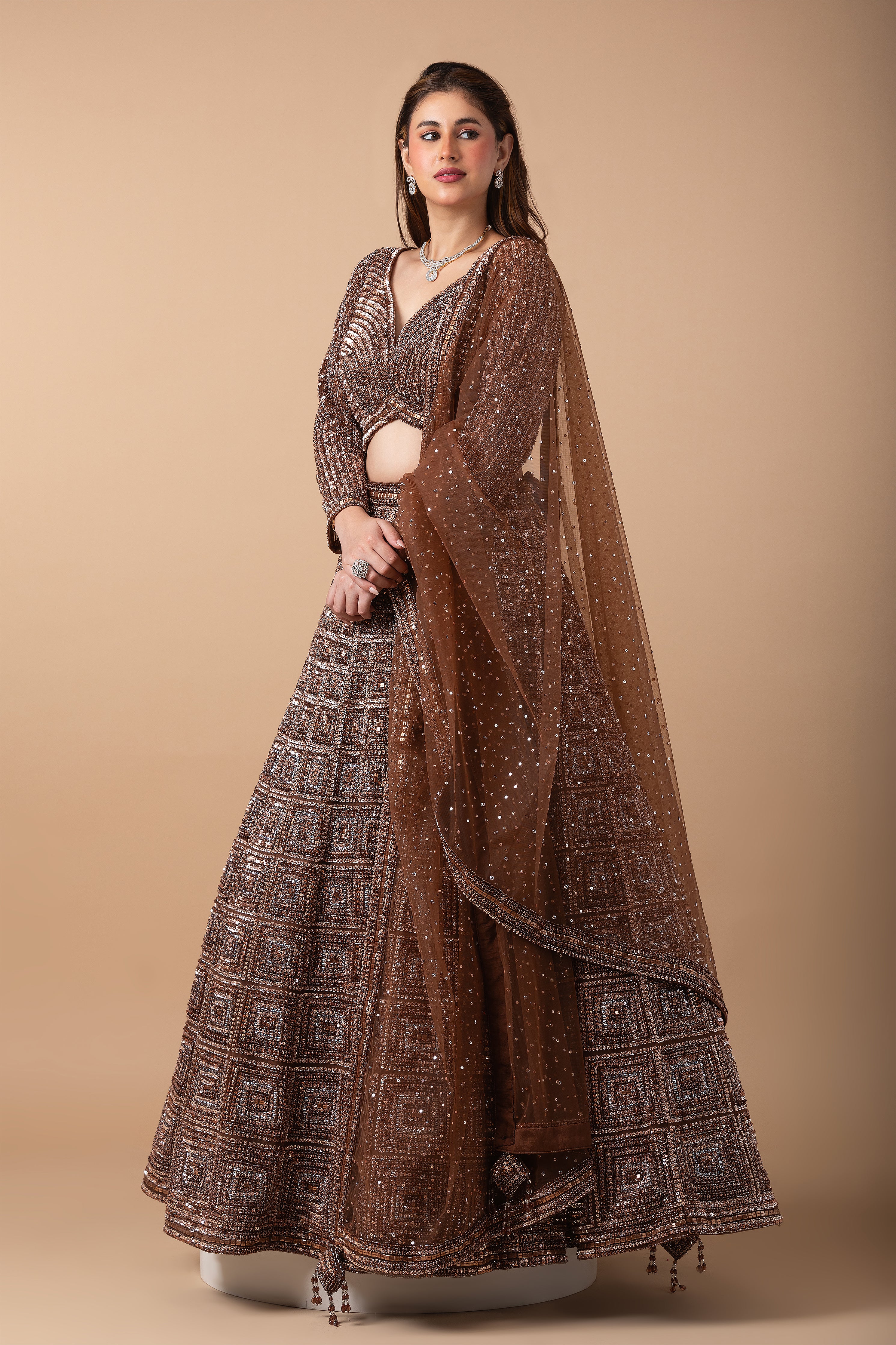 Mocha Brown sequin Lehenga Set - Mokshaa