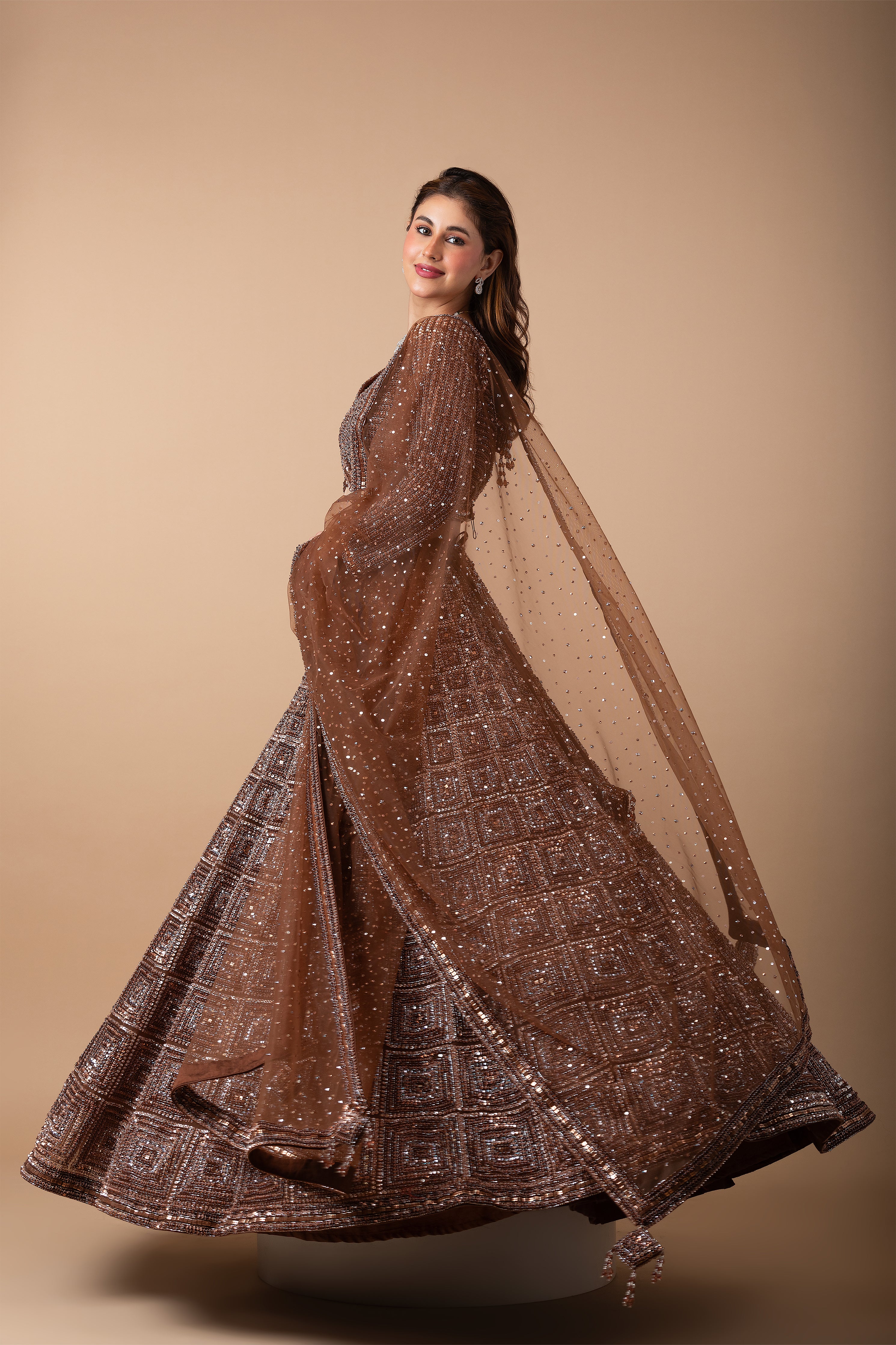 Mocha Brown sequin Lehenga Set - Mokshaa