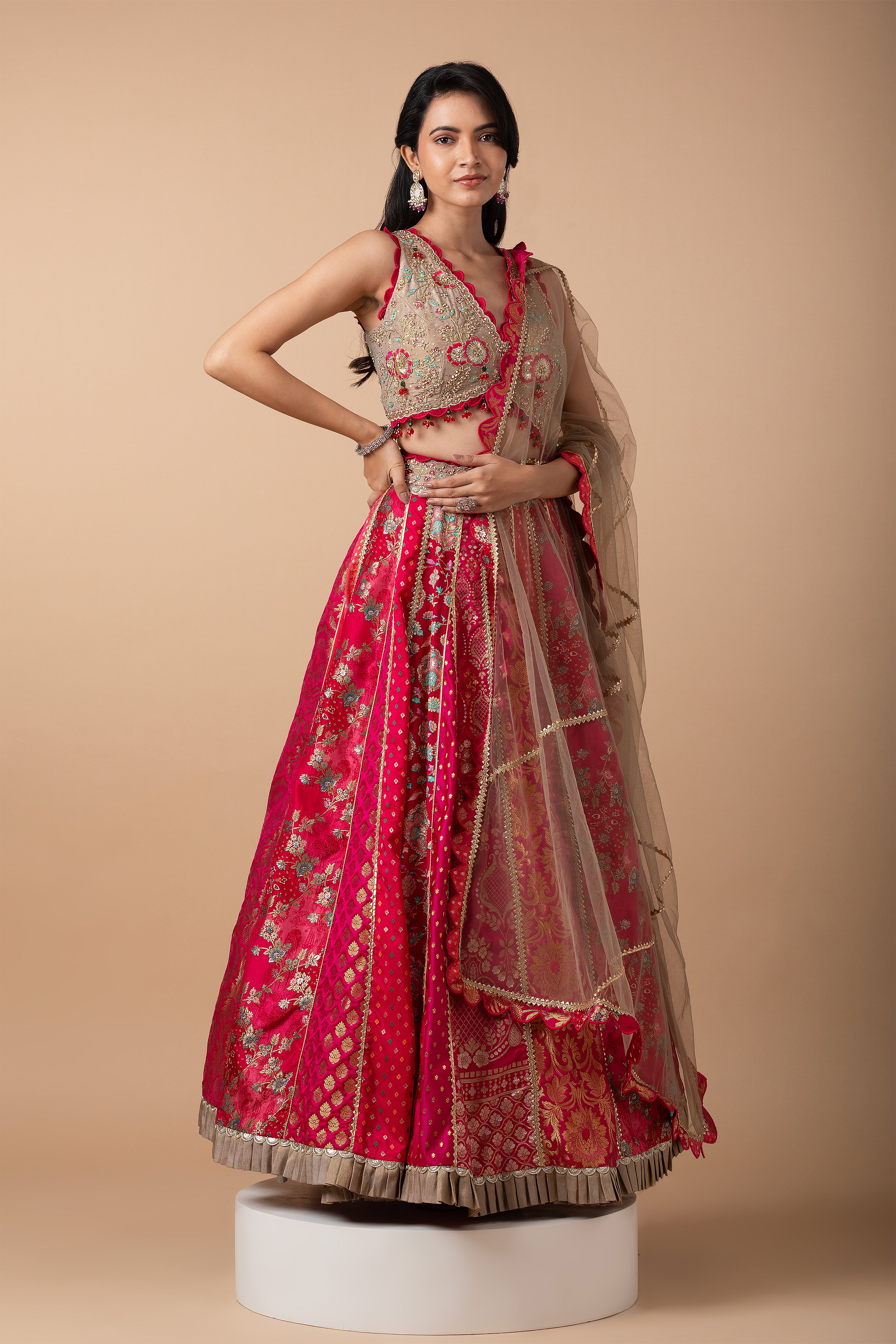 Fuchsia Pink and Gold Patchwork Banarasi Lehenga Set - Mokshaa