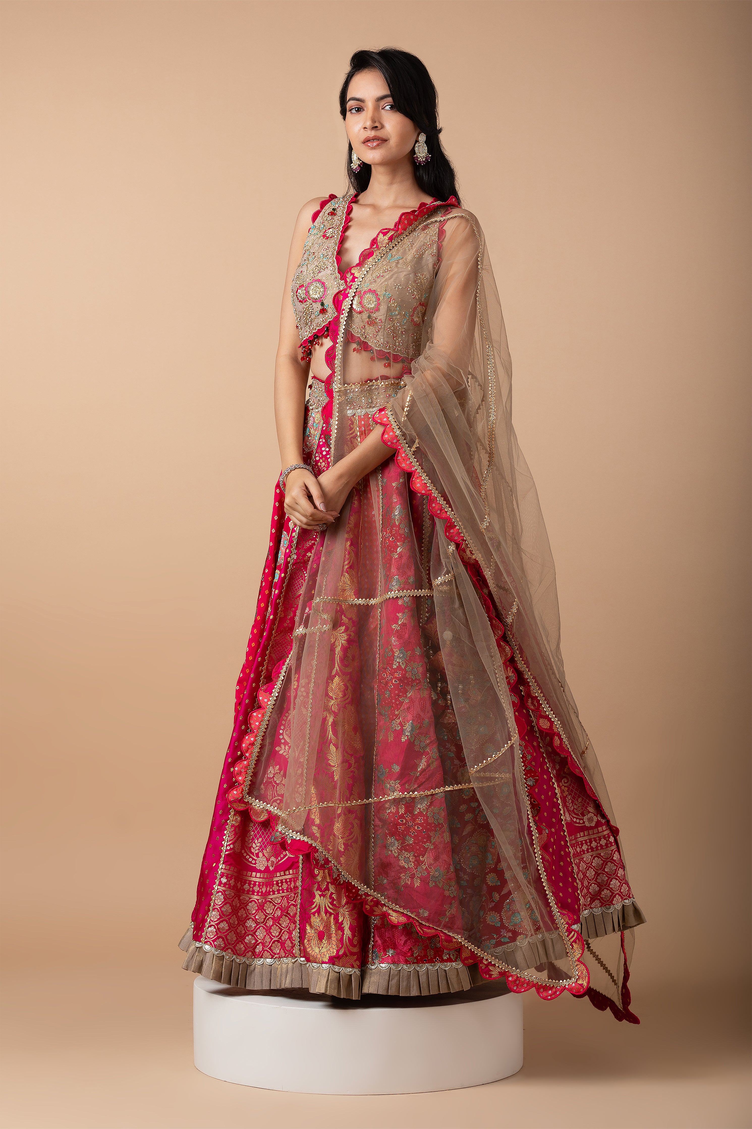 Fuchsia Pink and Gold Patchwork Banarasi Lehenga Set - Mokshaa