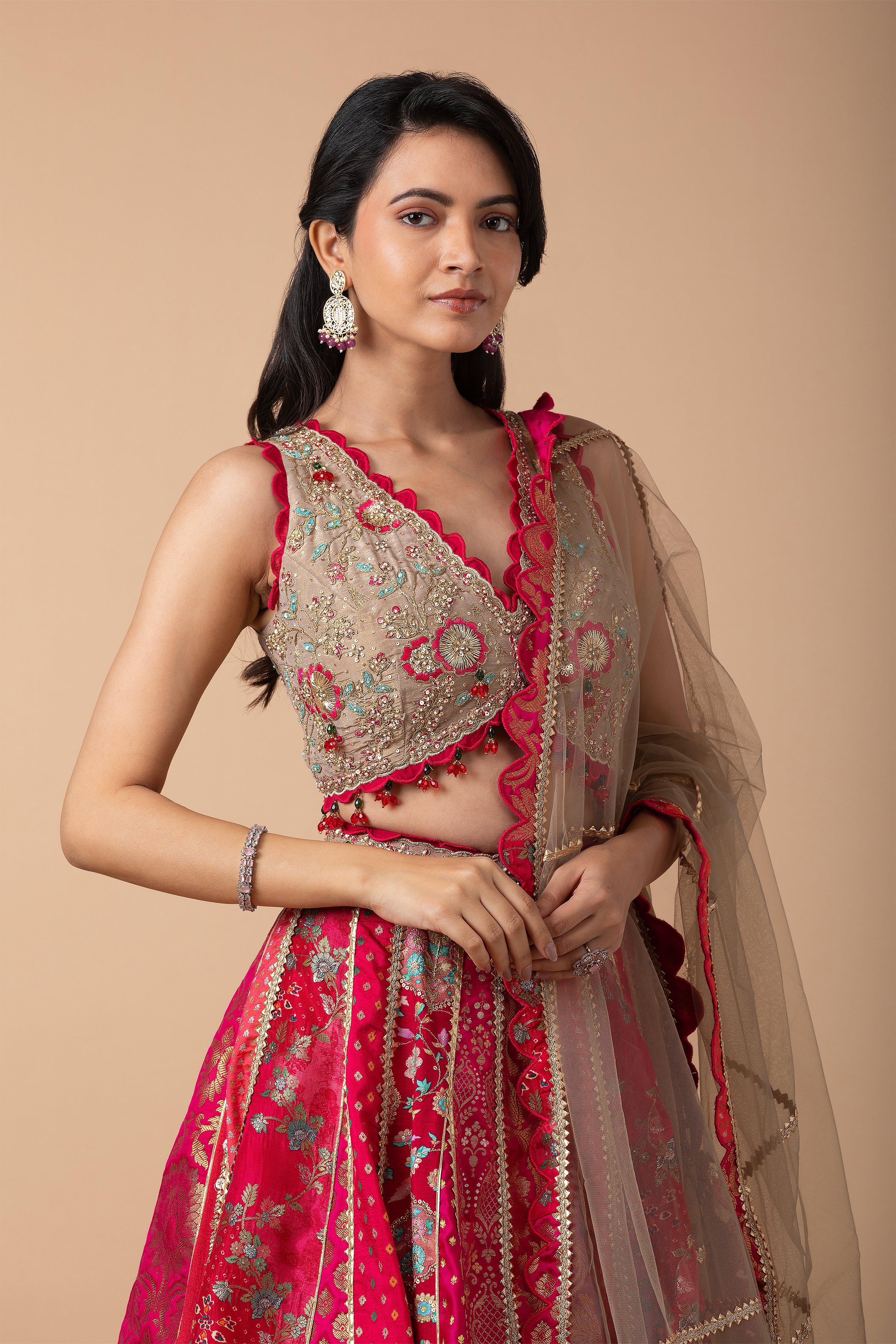 Fuchsia Pink and Gold Patchwork Banarasi Lehenga Set