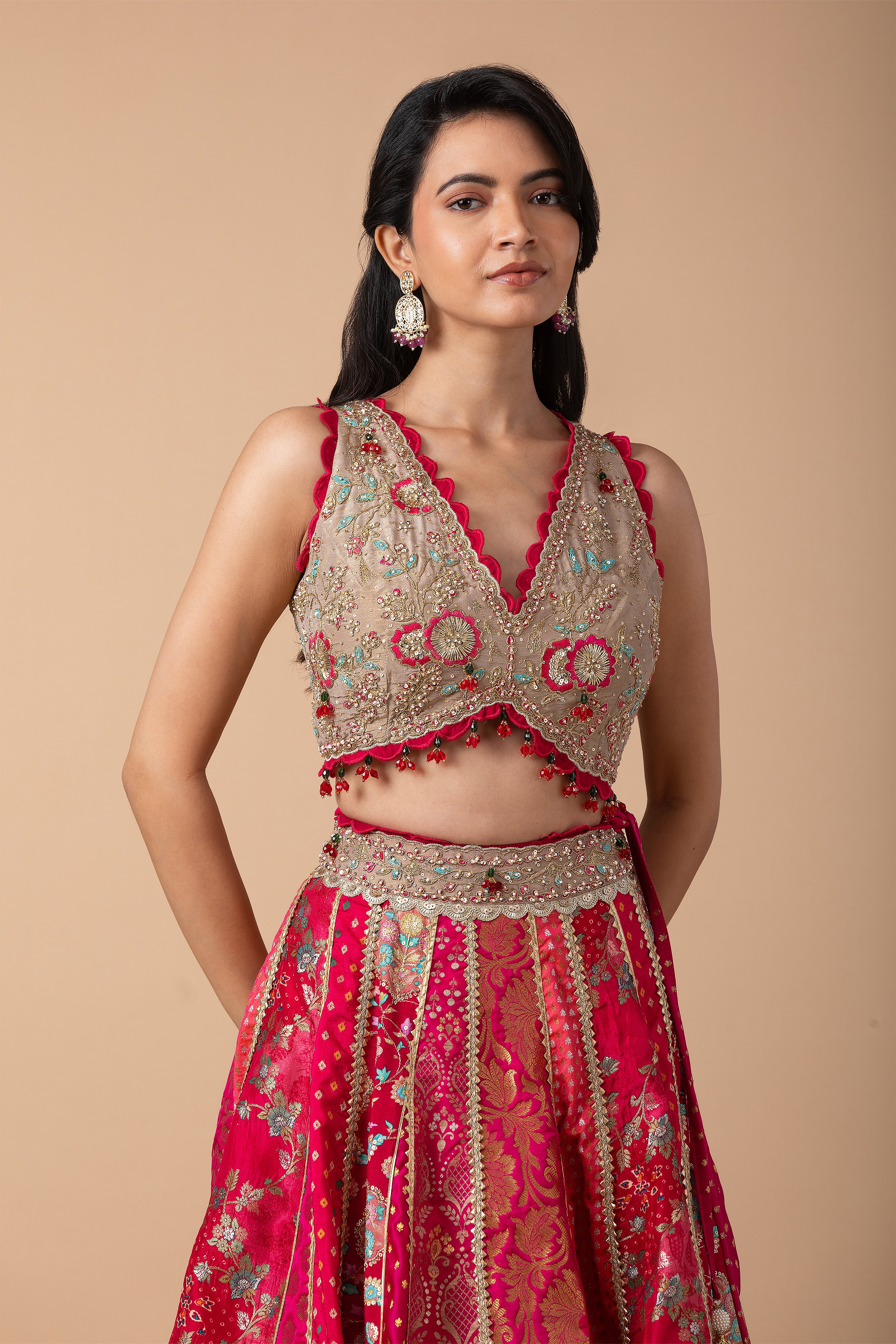 Fuchsia Pink and Gold Patchwork Banarasi Lehenga Set