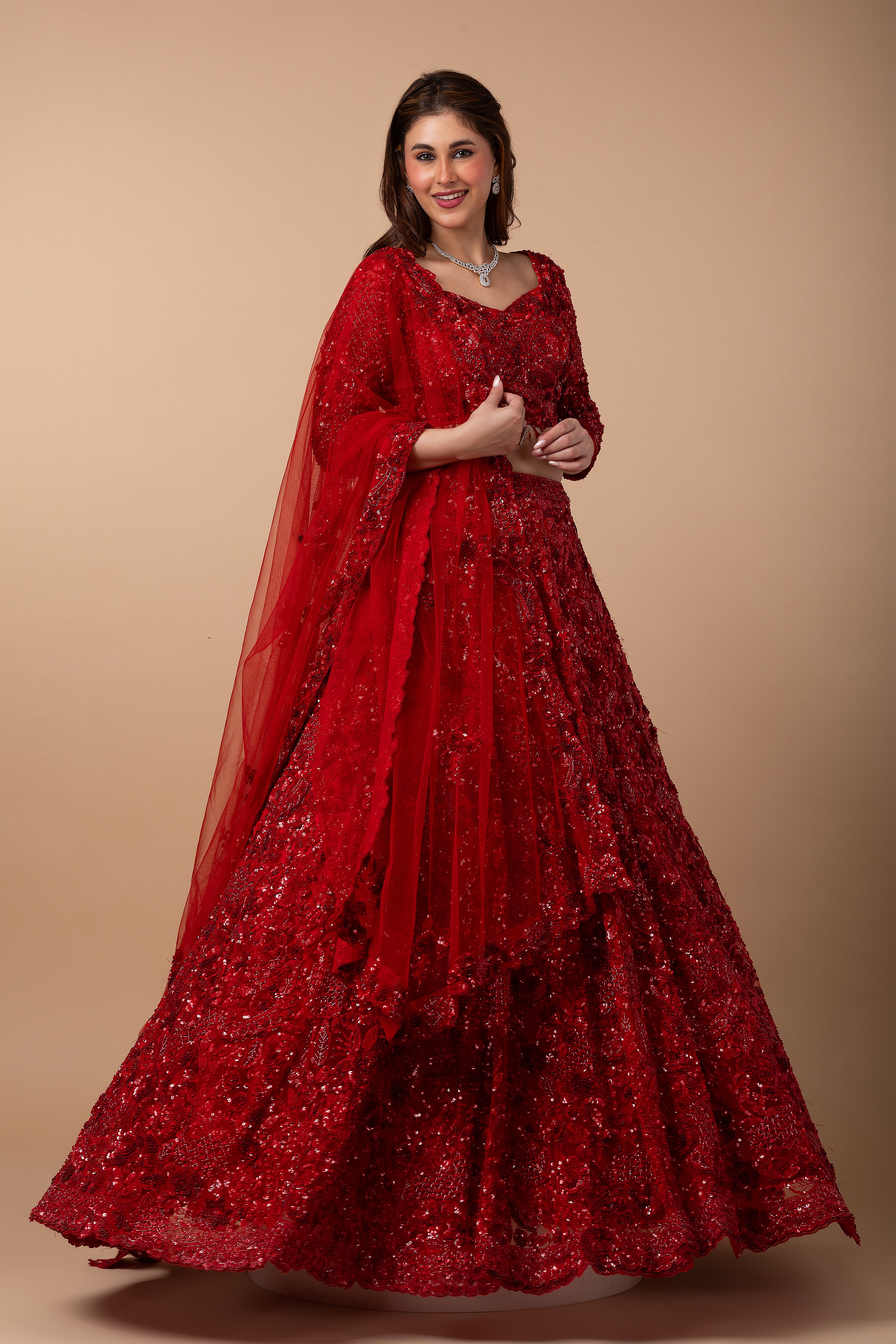 Scarlet Red net Lehenga set - Mokshaa