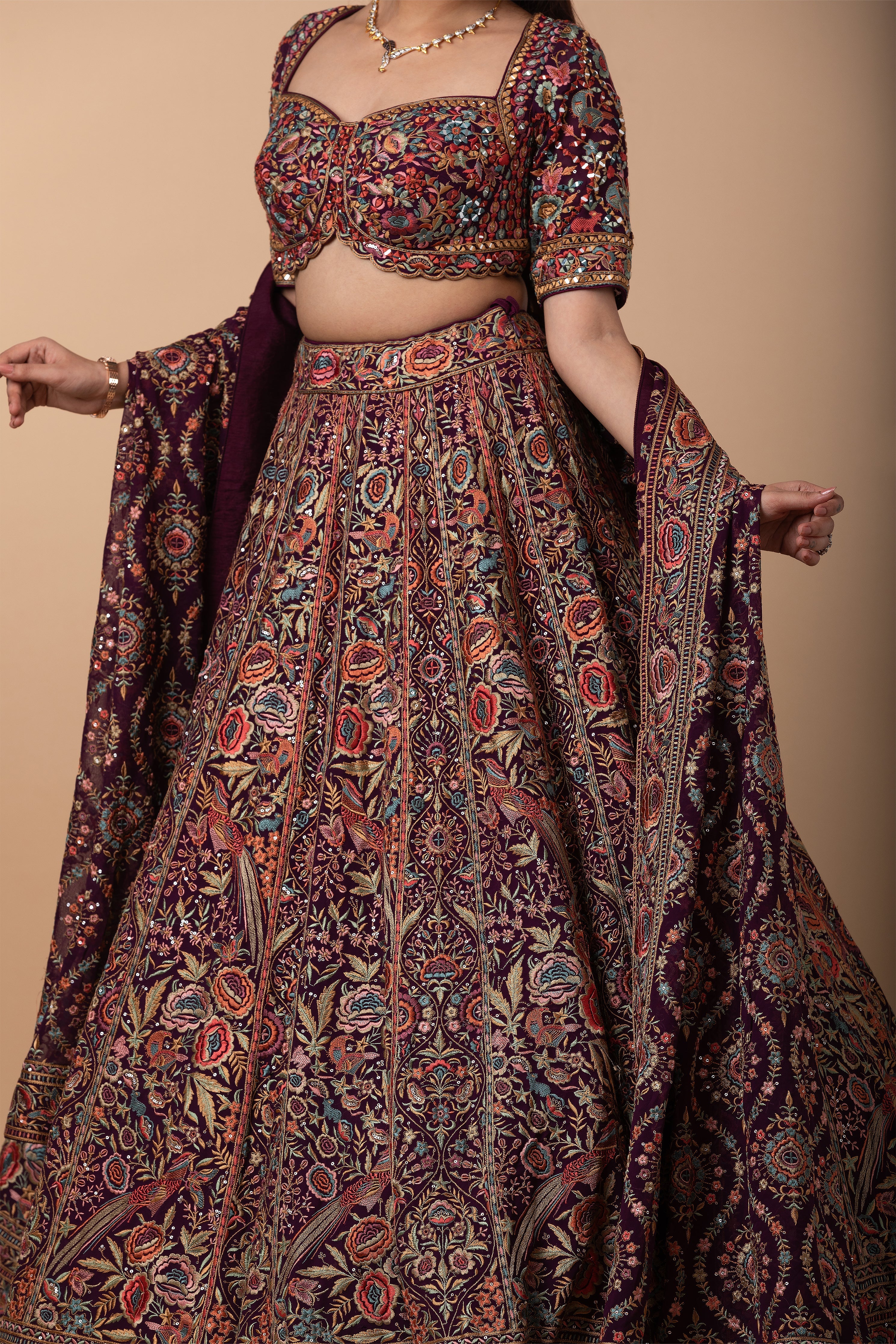 Wine Multicolor Kashida Embroidered Lehenga Set  Mokshaa