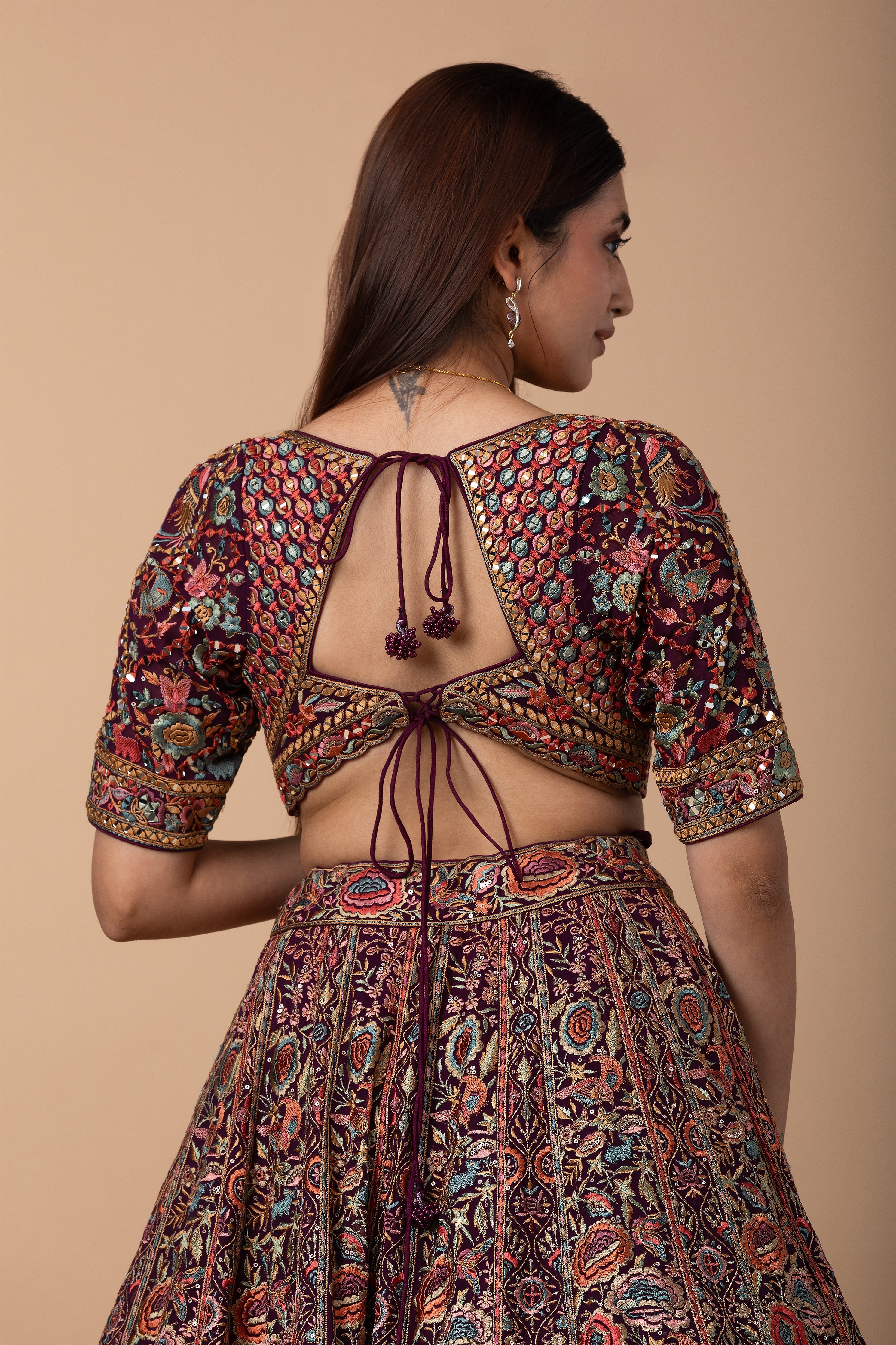 Wine Multicolor Kashida Embroidered Lehenga Set  Mokshaa