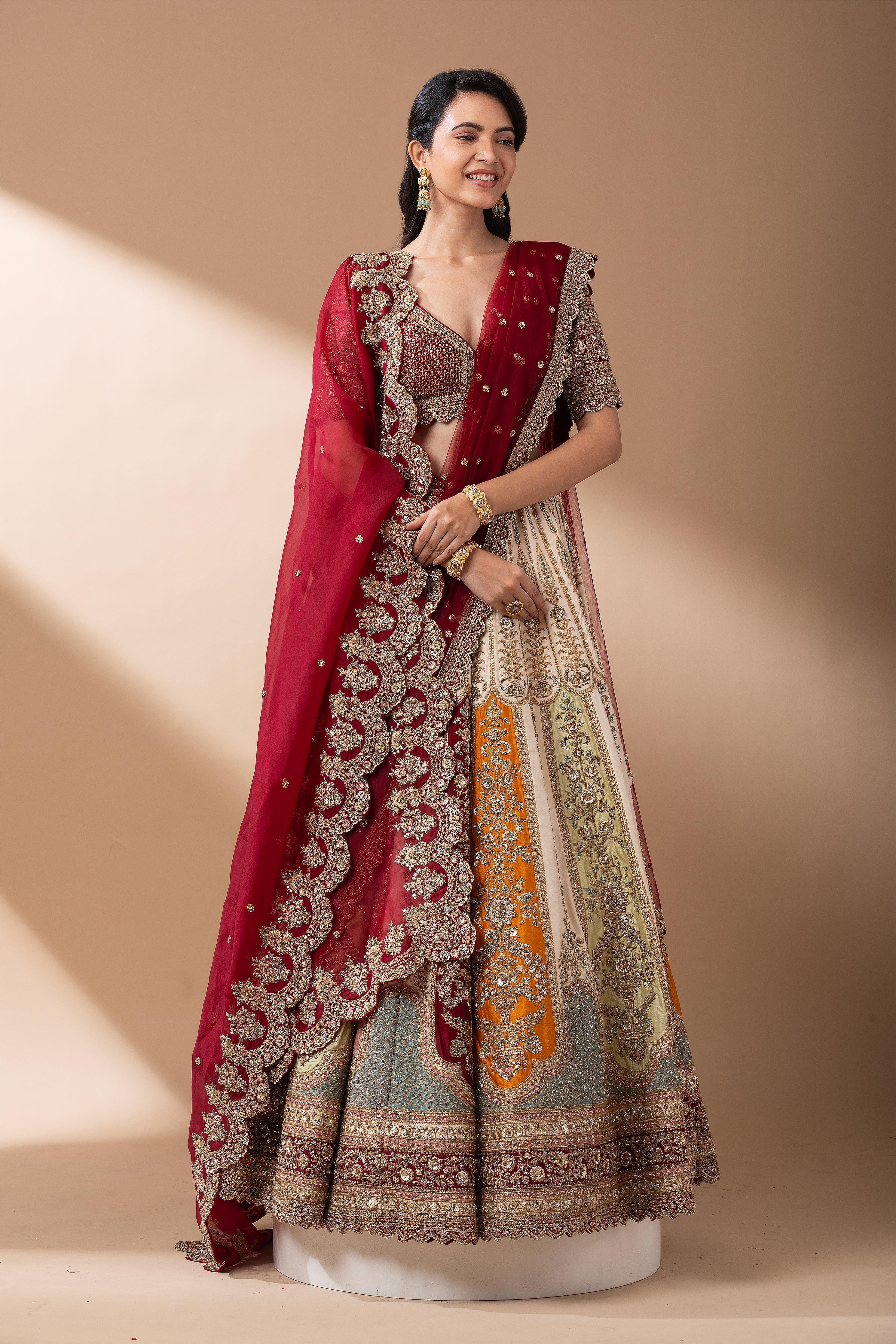 Regal Multicolor Paneled Bridal Lehenga  Mokshaa