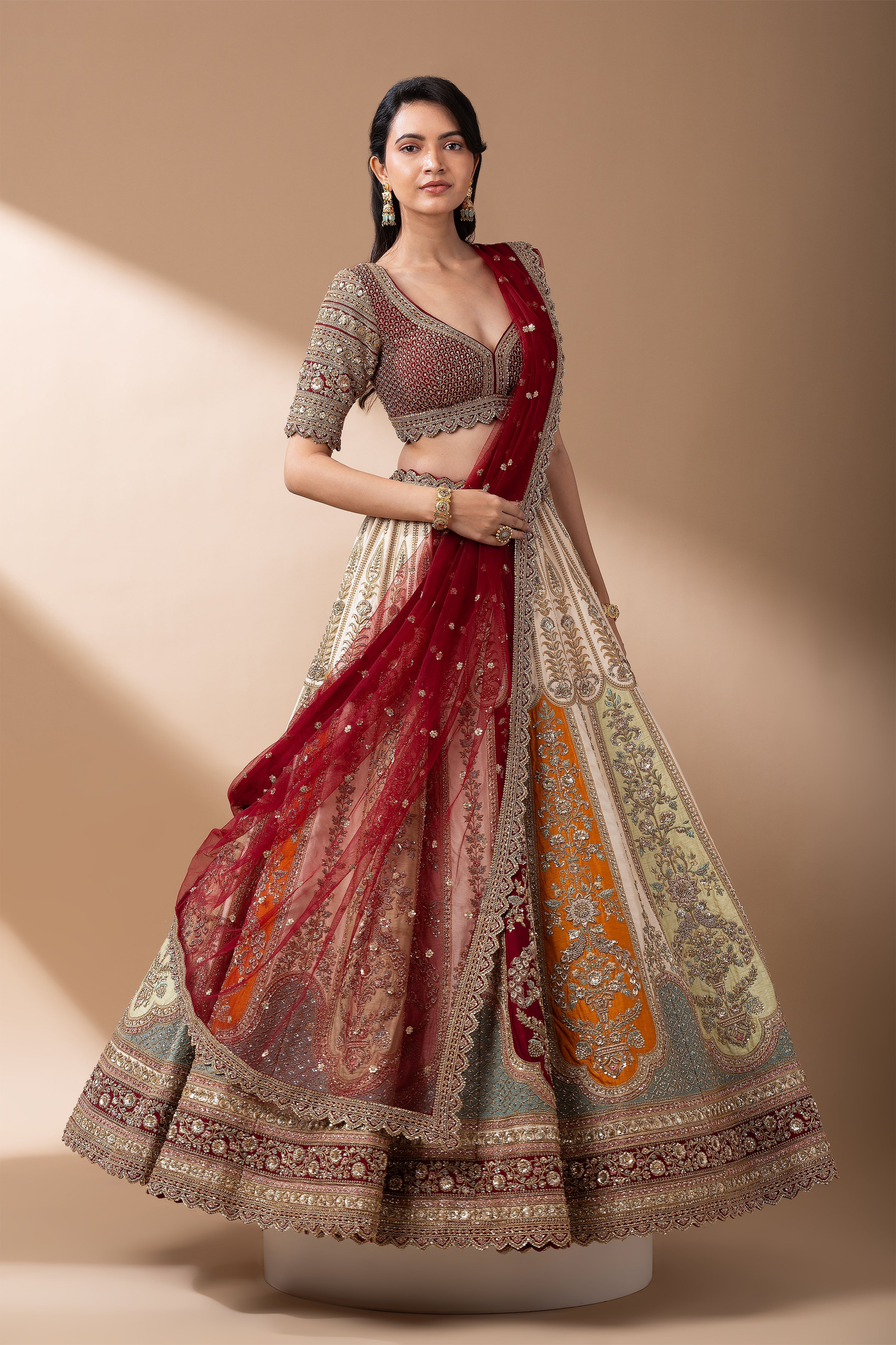 Regal Multicolor Paneled Bridal Lehenga  Mokshaa