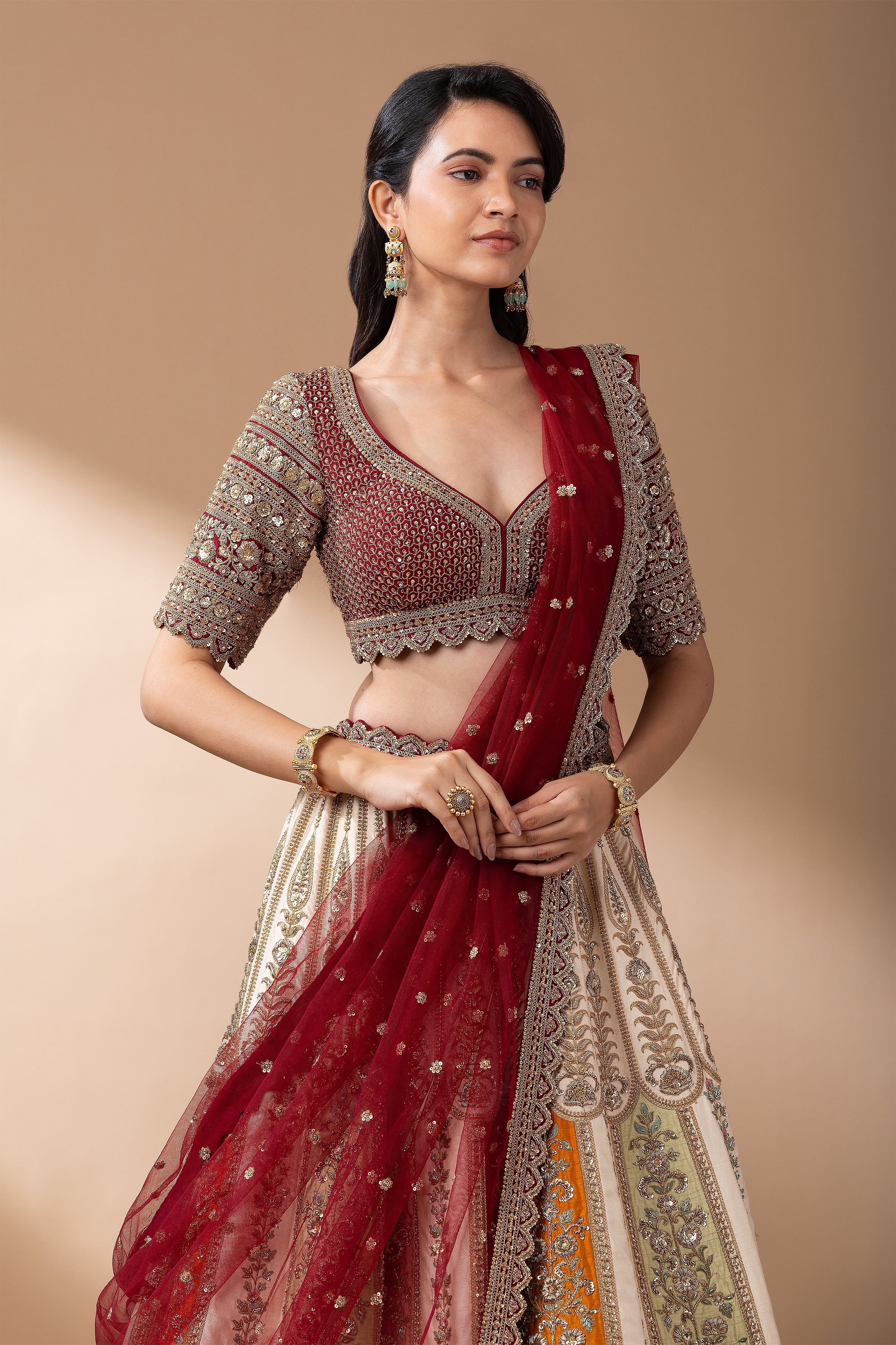 Regal Multicolor Paneled Bridal Lehenga  Mokshaa