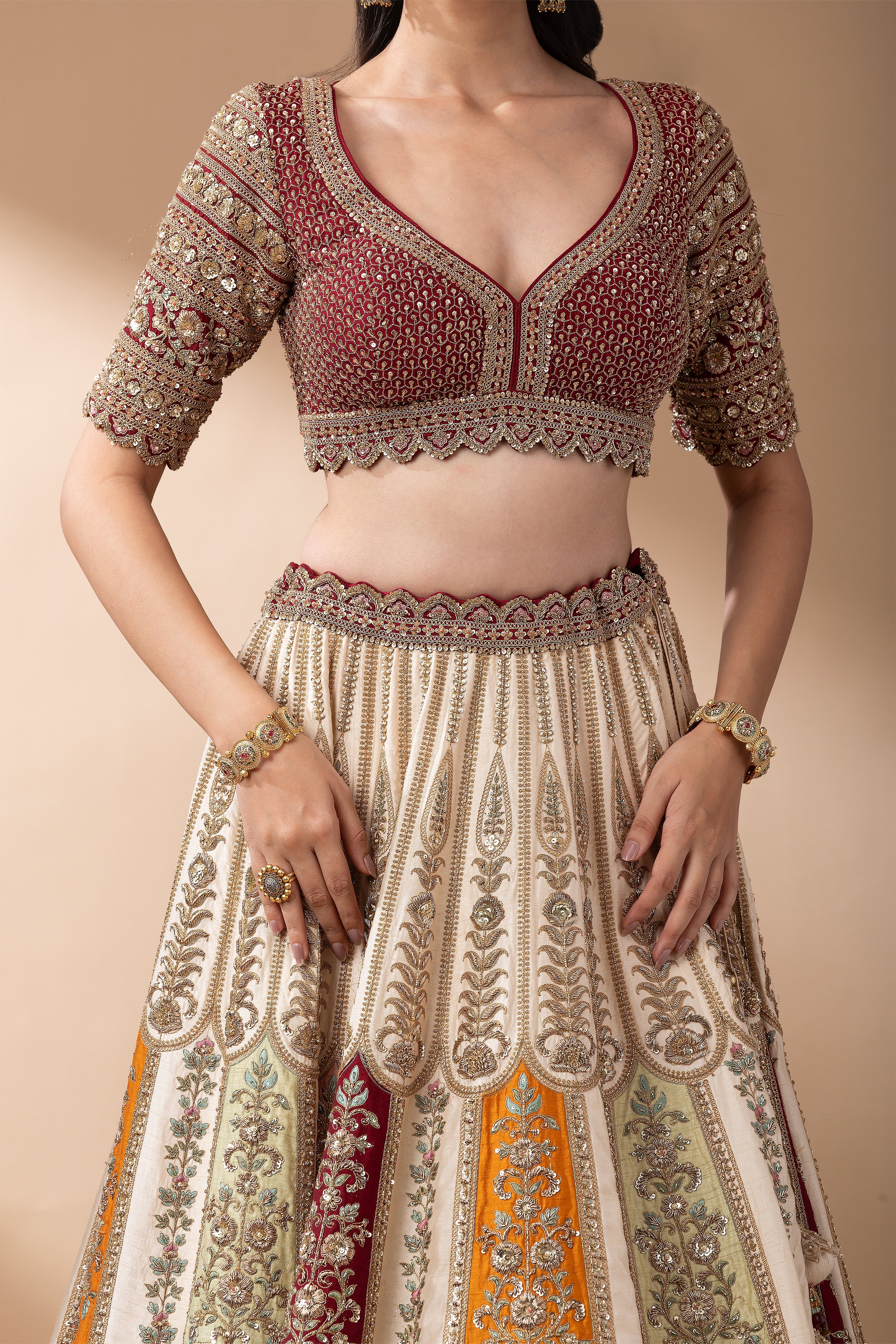 Regal Multicolor Paneled Bridal Lehenga  Mokshaa