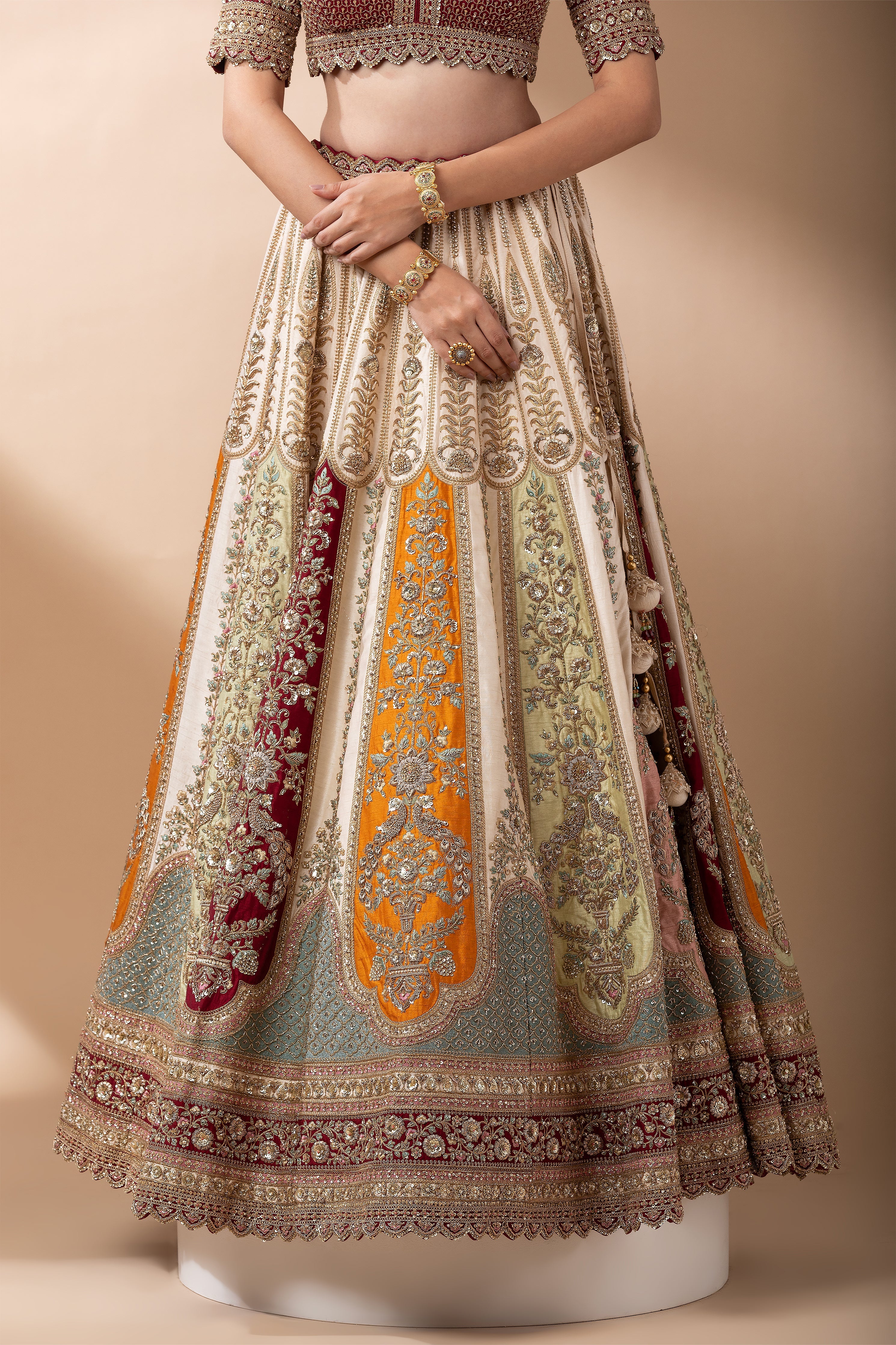 Regal Multicolor Paneled Bridal Lehenga  Mokshaa