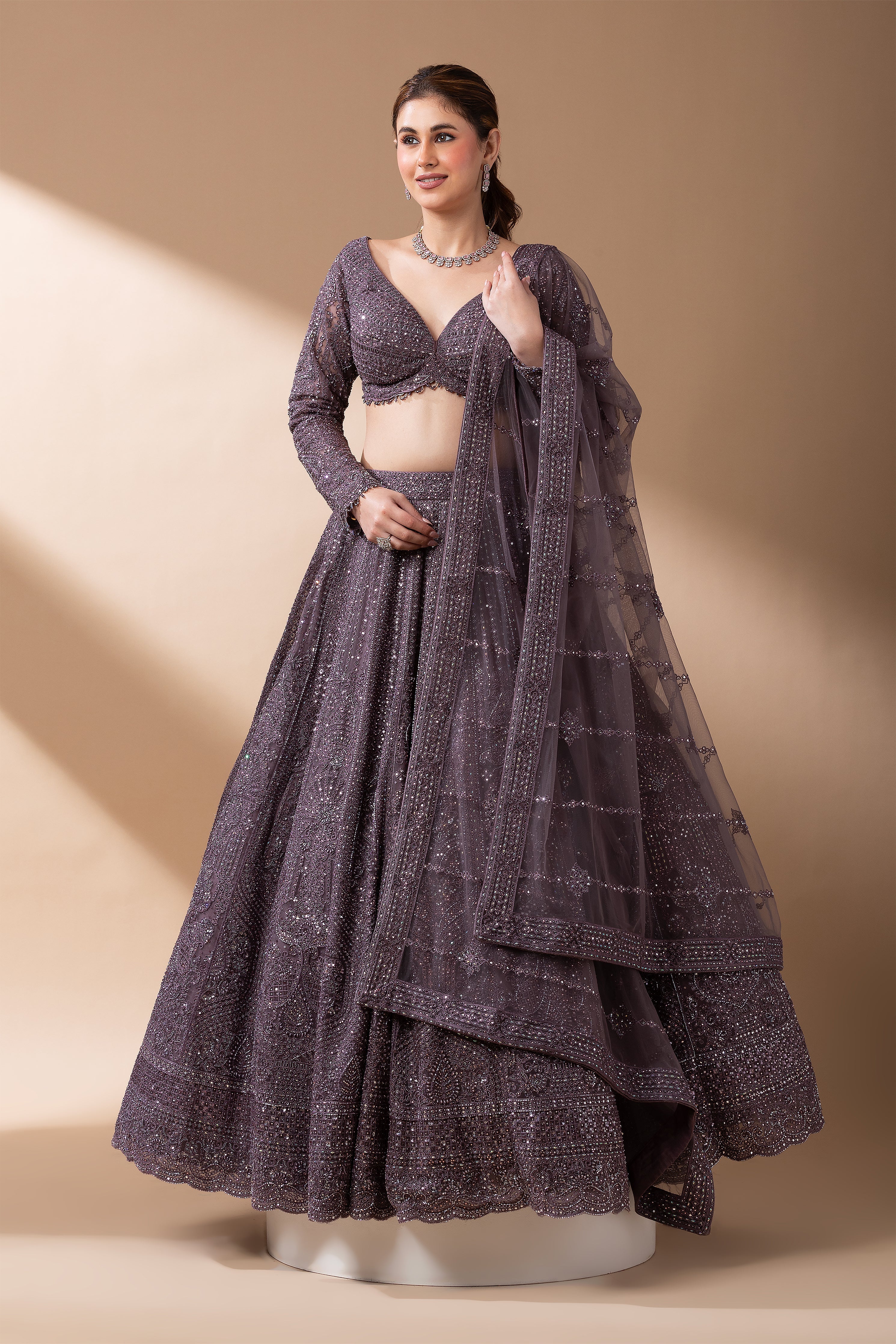 Smoky Mauve Net Lehenga Set  Mokshaa