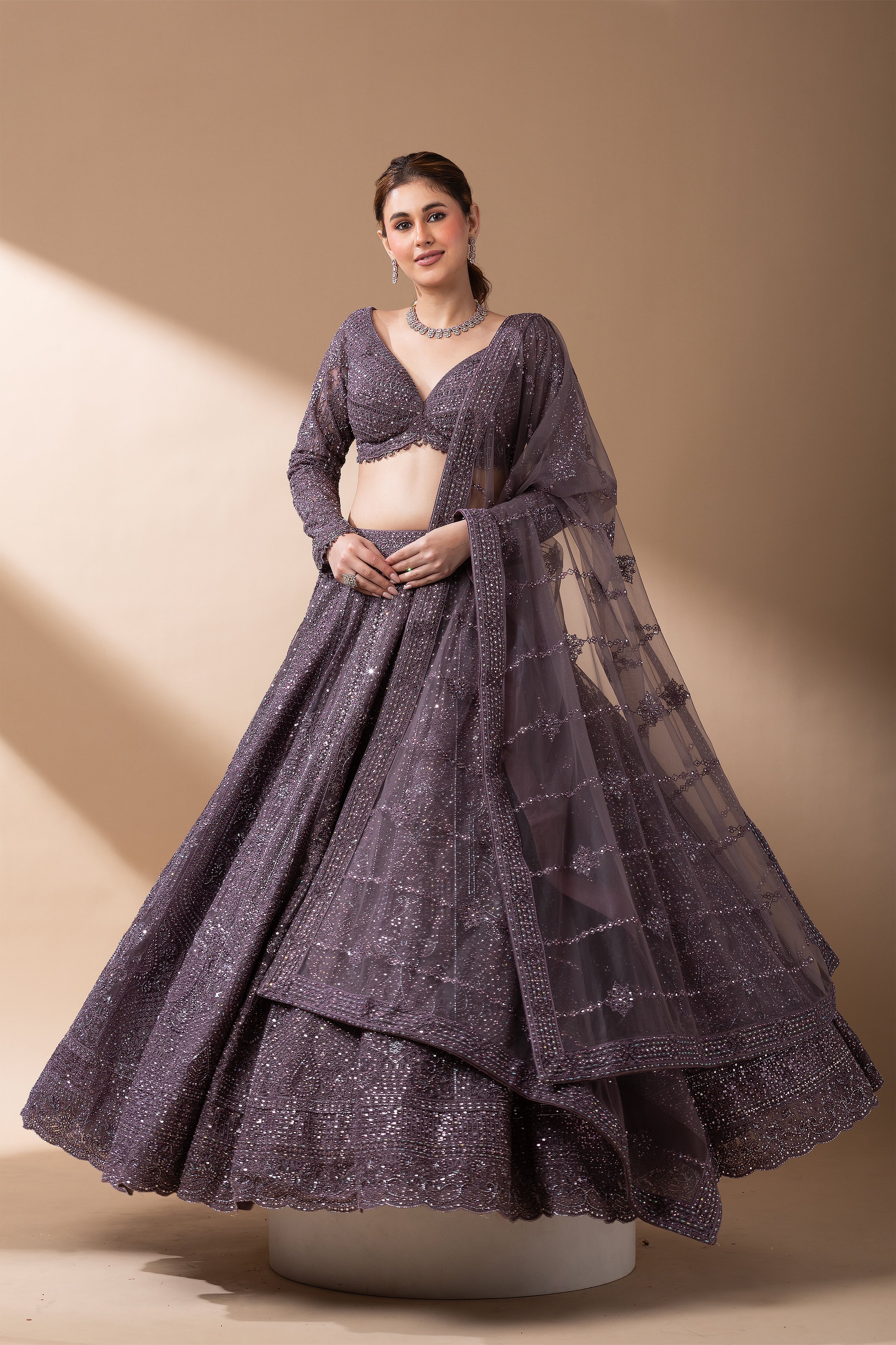 Smoky Mauve Net Lehenga Set  Mokshaa