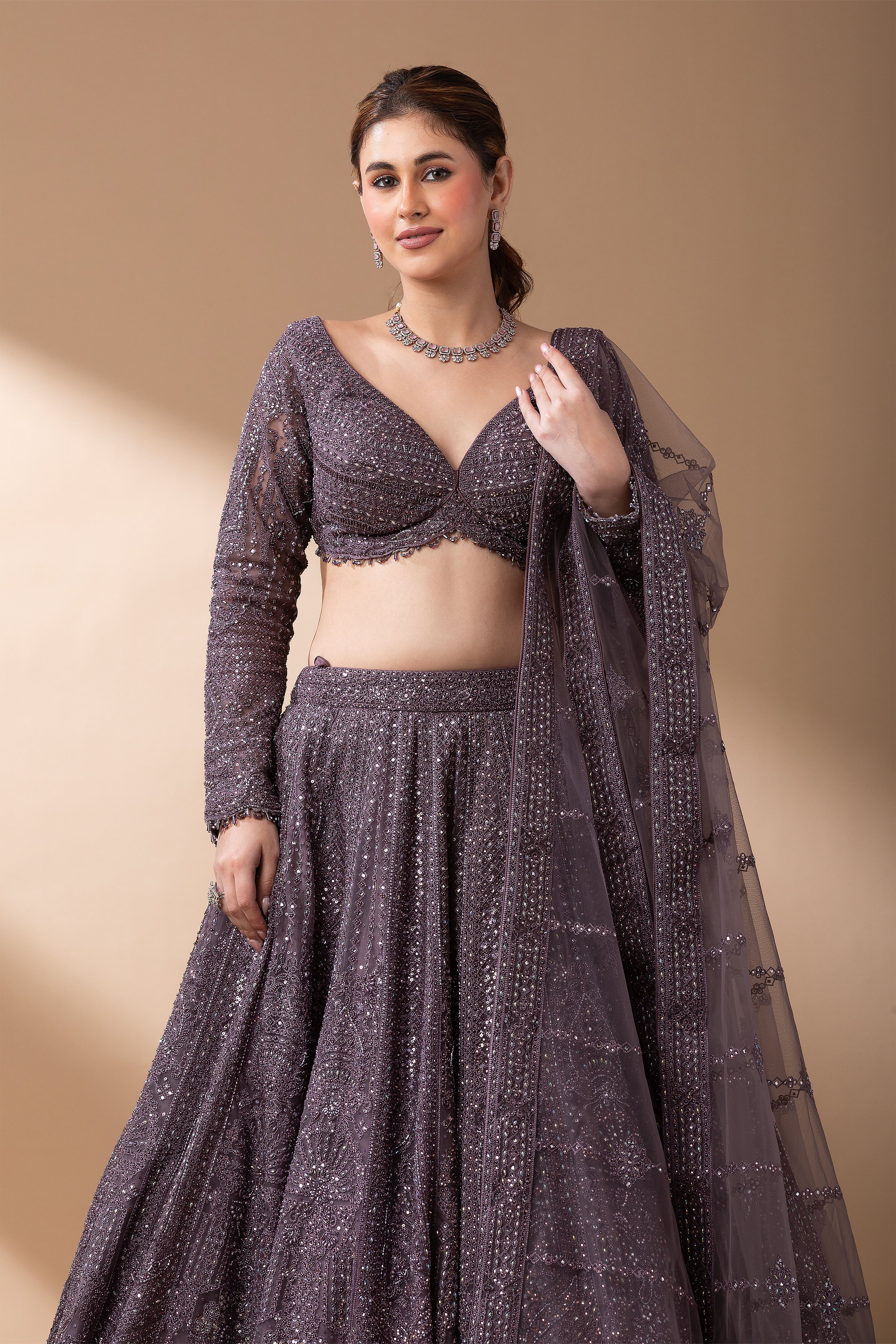 Smoky Mauve Net Lehenga Set  Mokshaa