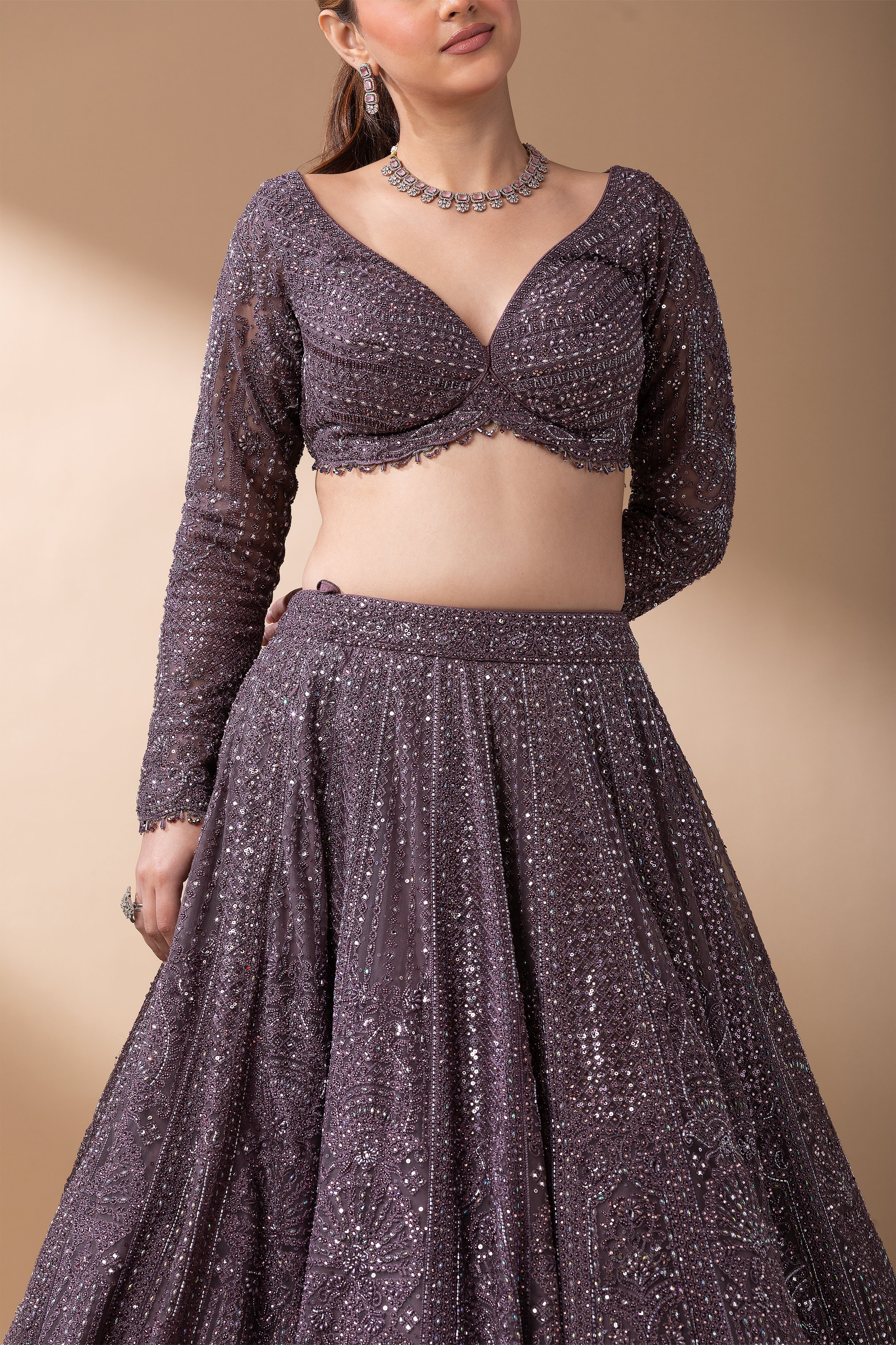 Smoky Mauve Net Lehenga Set  Mokshaa