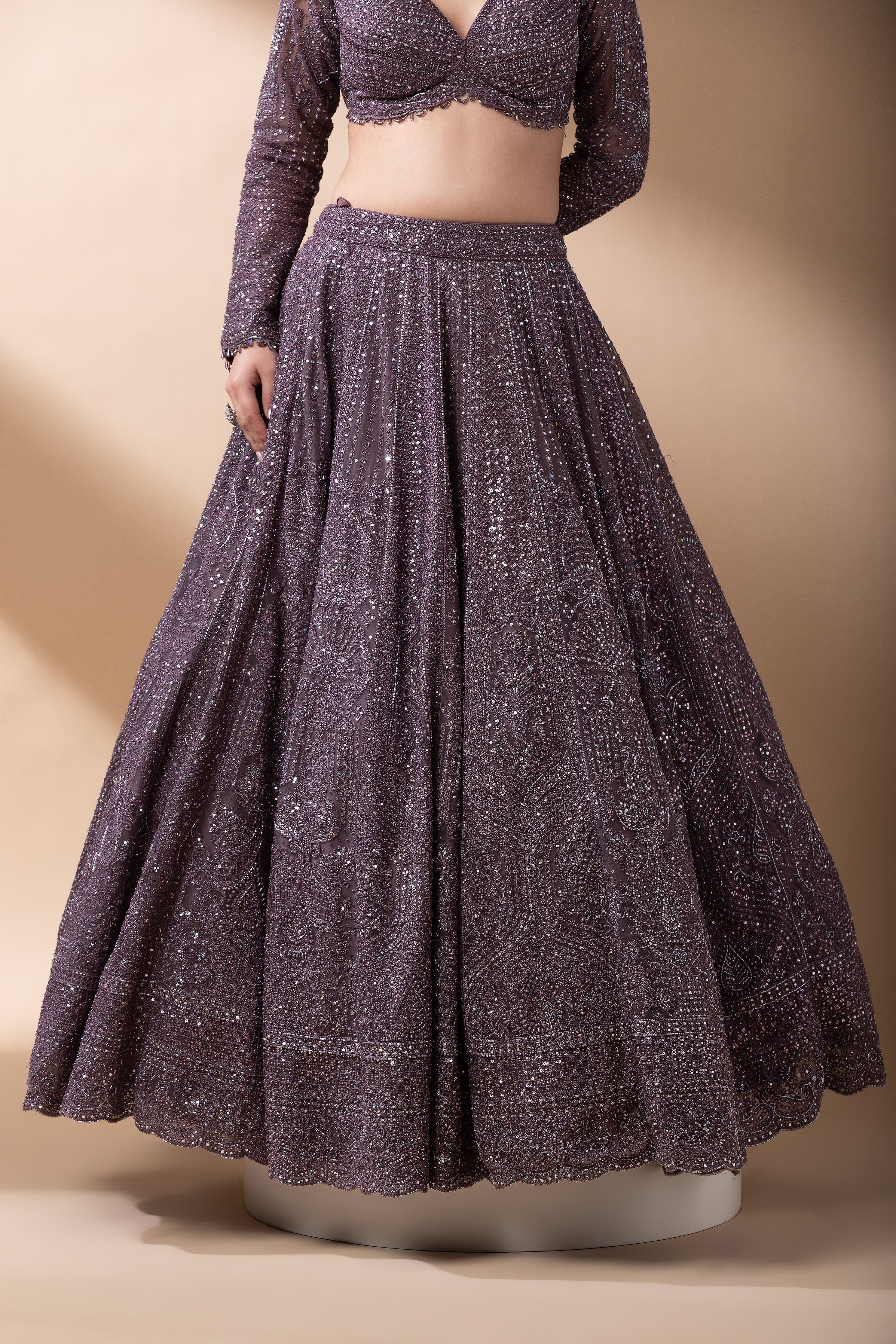 Smoky Mauve Net Lehenga Set  Mokshaa