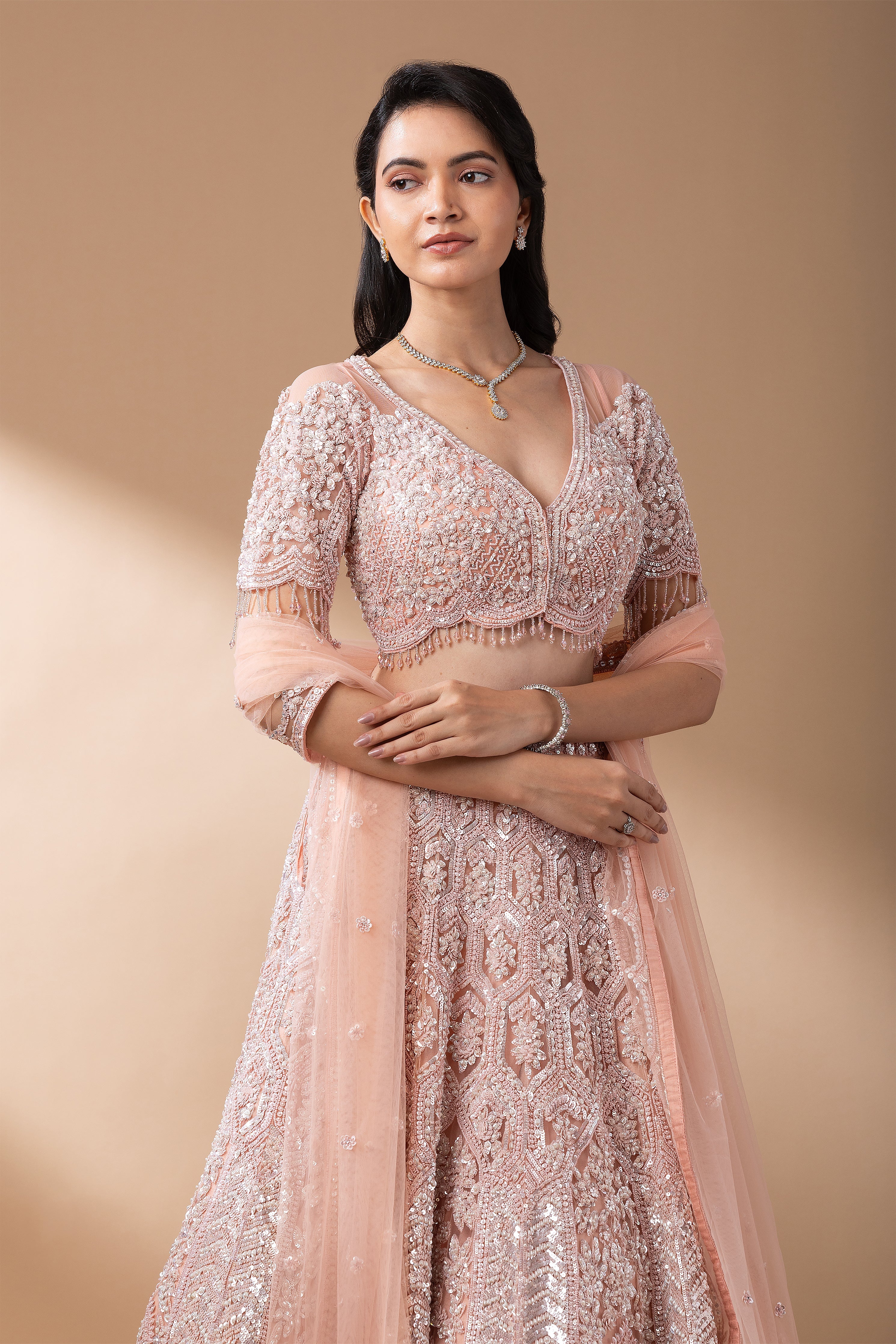 Blush Pink Sequin Embroidered Lehenga Set  Mokshaa