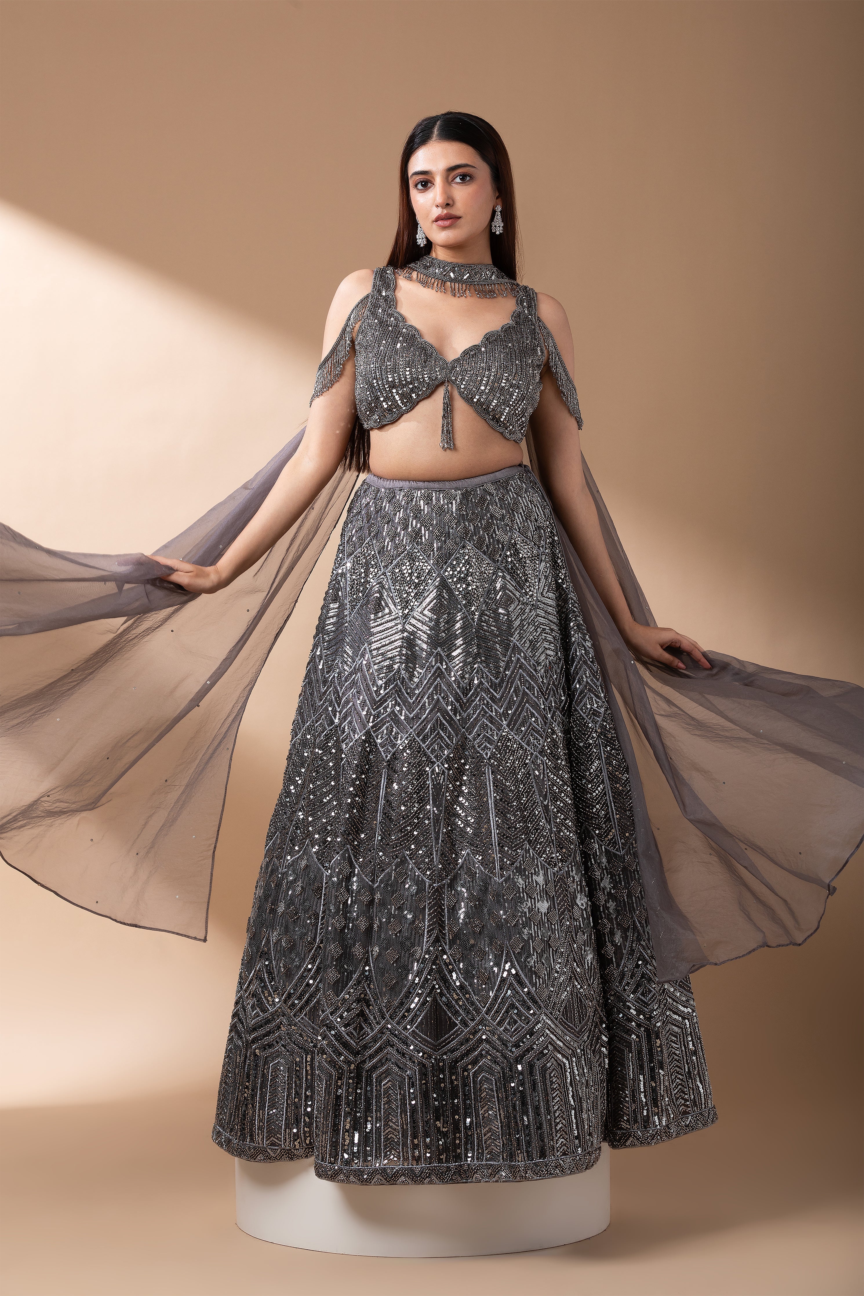 Midnight Grey Sequined Lehenga Set  Mokshaa