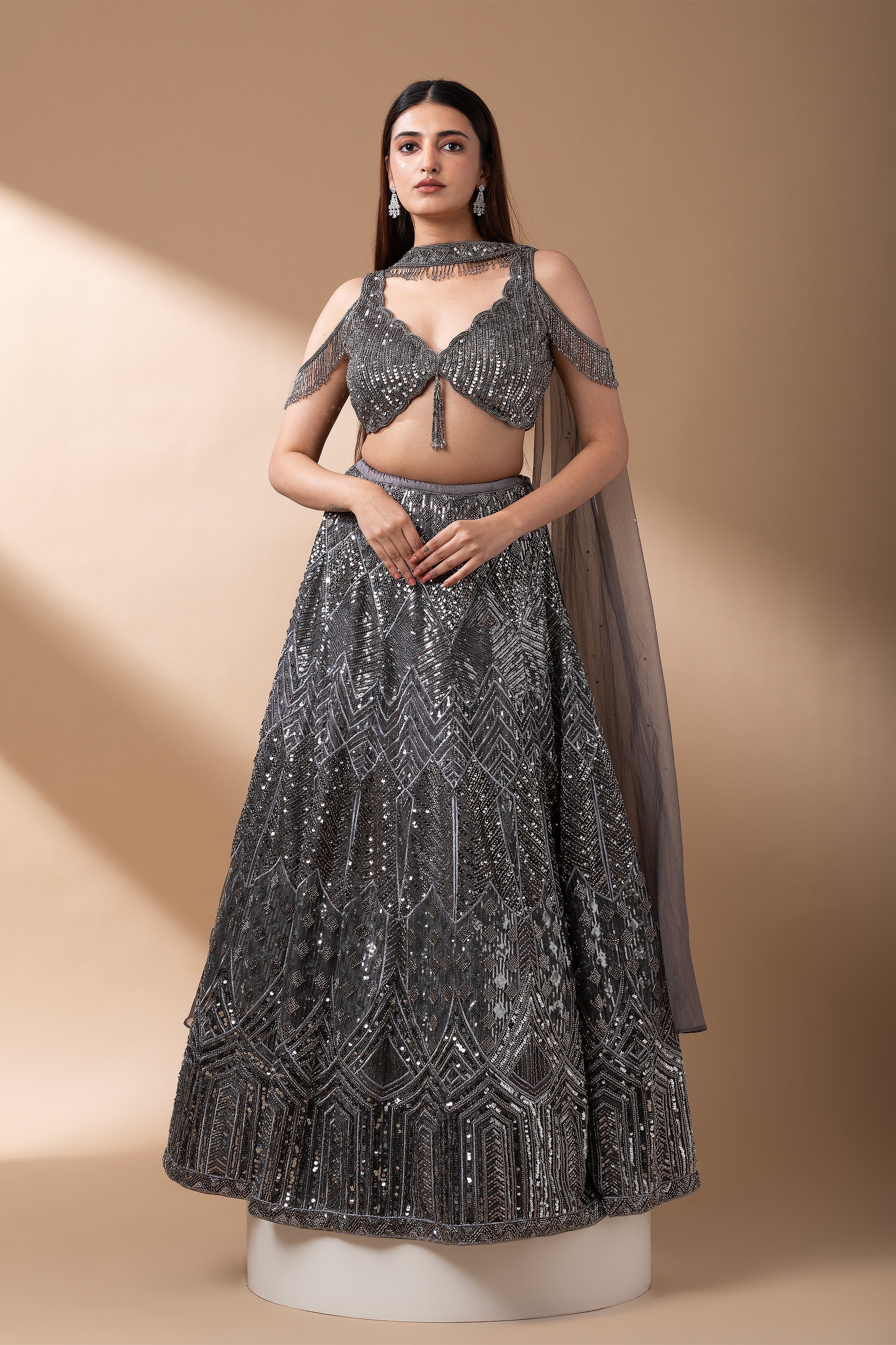 Midnight Grey Sequined Lehenga Set  Mokshaa