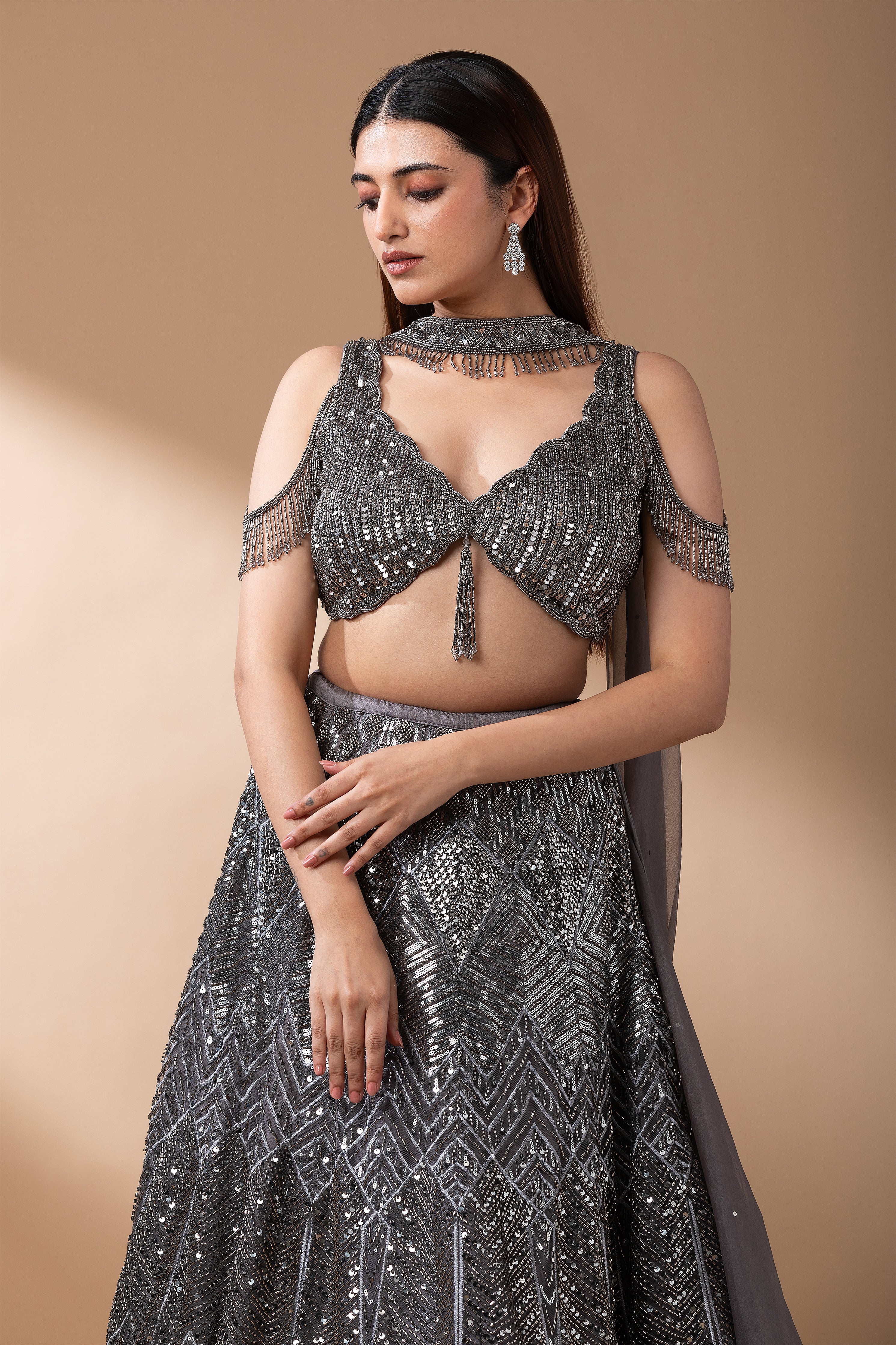 Midnight Grey Sequined Lehenga Set  Mokshaa